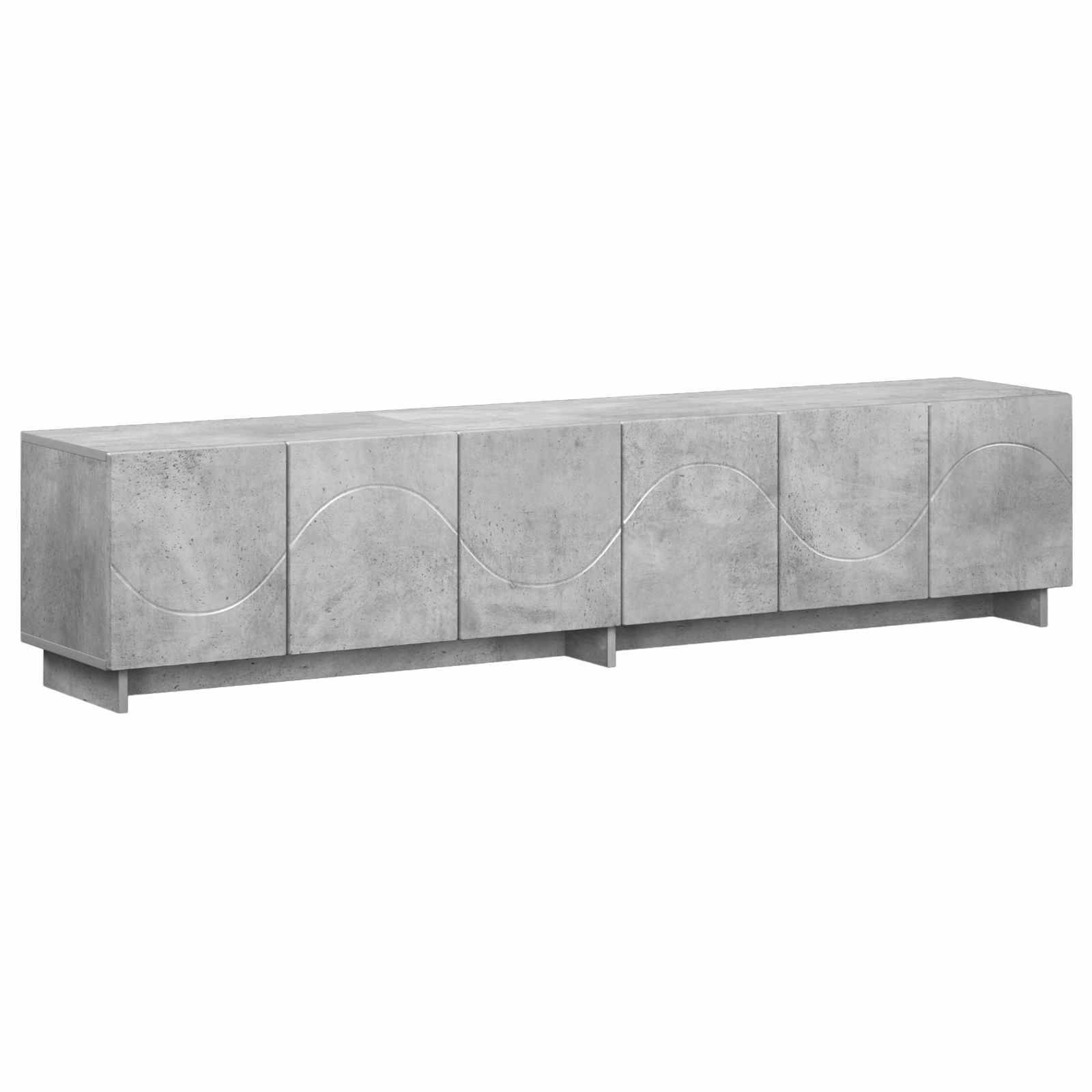 Langes graues Betonsideboard mit vier Türen, jede mit einer welligen eingravierten Linie gekennzeichnet, auf weißem Hintergrund dargestellt.
