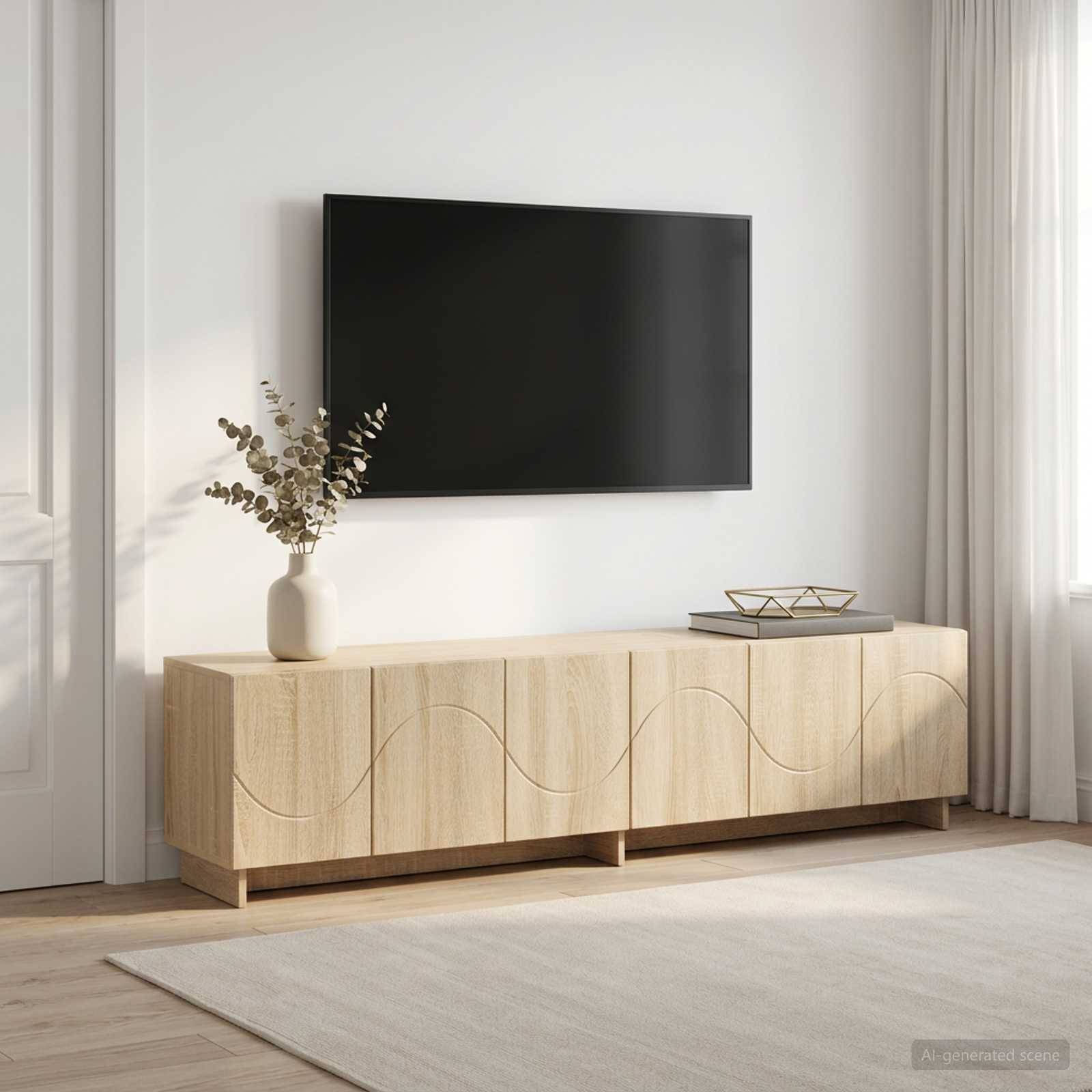 Modernes minimalistisches Wohnzimmer mit an der Wand montiertem Fernseher über einem hellen Holzschrank, einer Vase mit getrockneten Ästen und einem neutralen Teppich neben einem hellen Fenster.