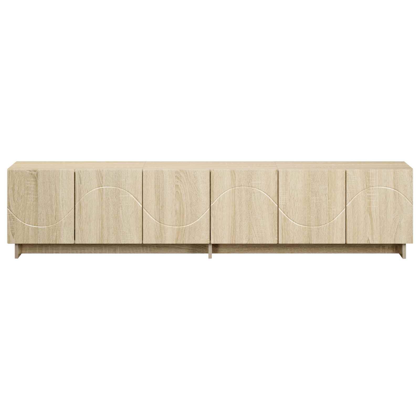 Helles Holz-Sideboard mit sechs Türen und subtilen Wellenmuster-Fronten auf weißem Hintergrund.