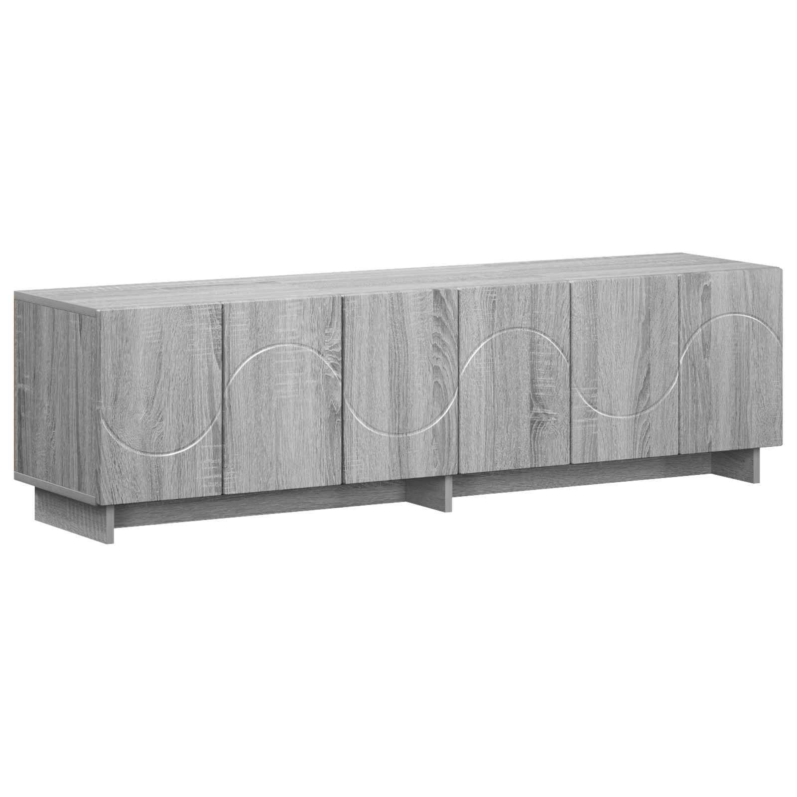 Langes graues Holz-Sideboard mit vier Schrankttüren und geschwungenem Ausschnittdesign auf weißem Hintergrund.