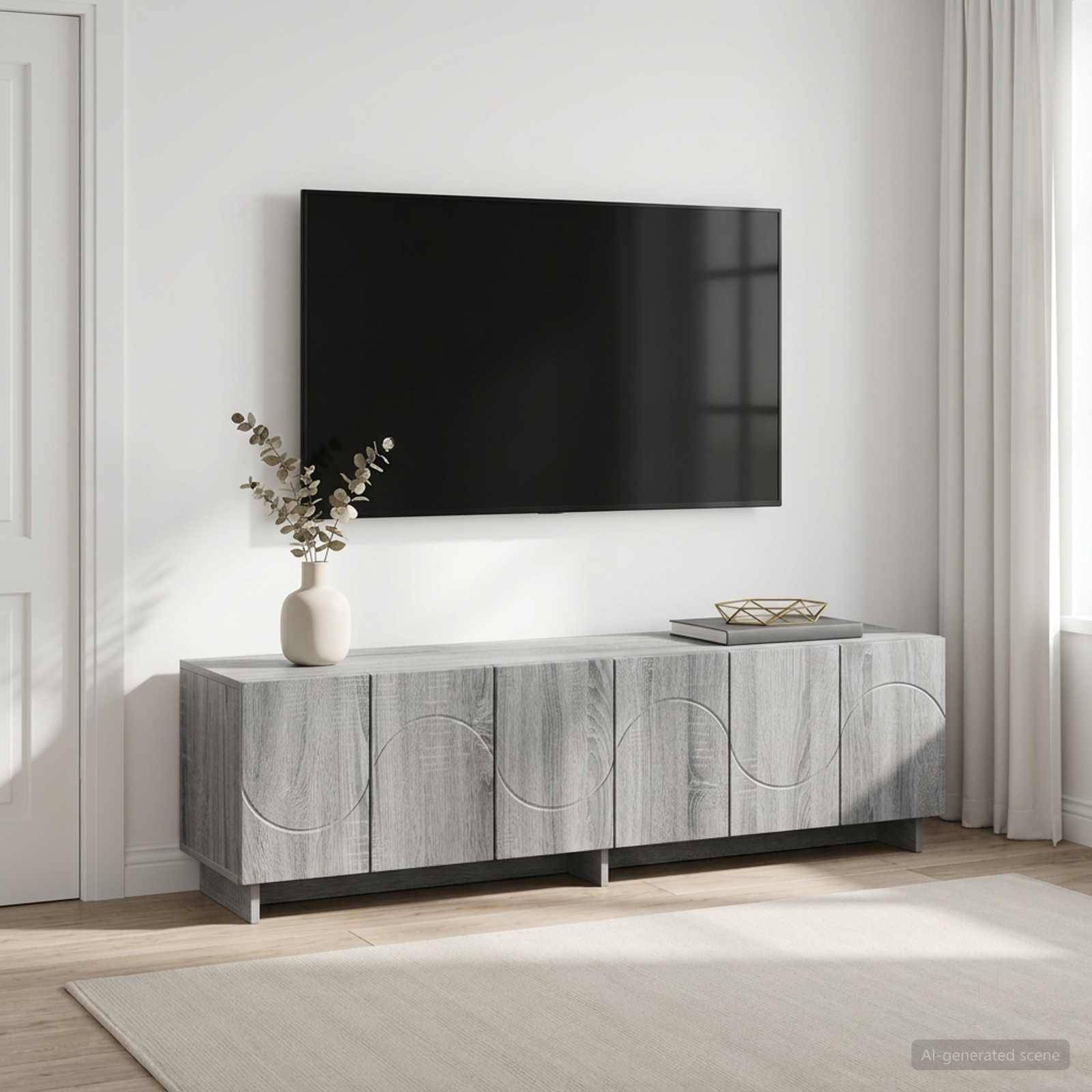 Modernes Wohnzimmer mit einem an der Wand montierten Fernseher über einer grauen Holzanrichte, auf der eine Vase und Dekorationselemente stehen, neben einem hellen Fenster und Vorhängen.