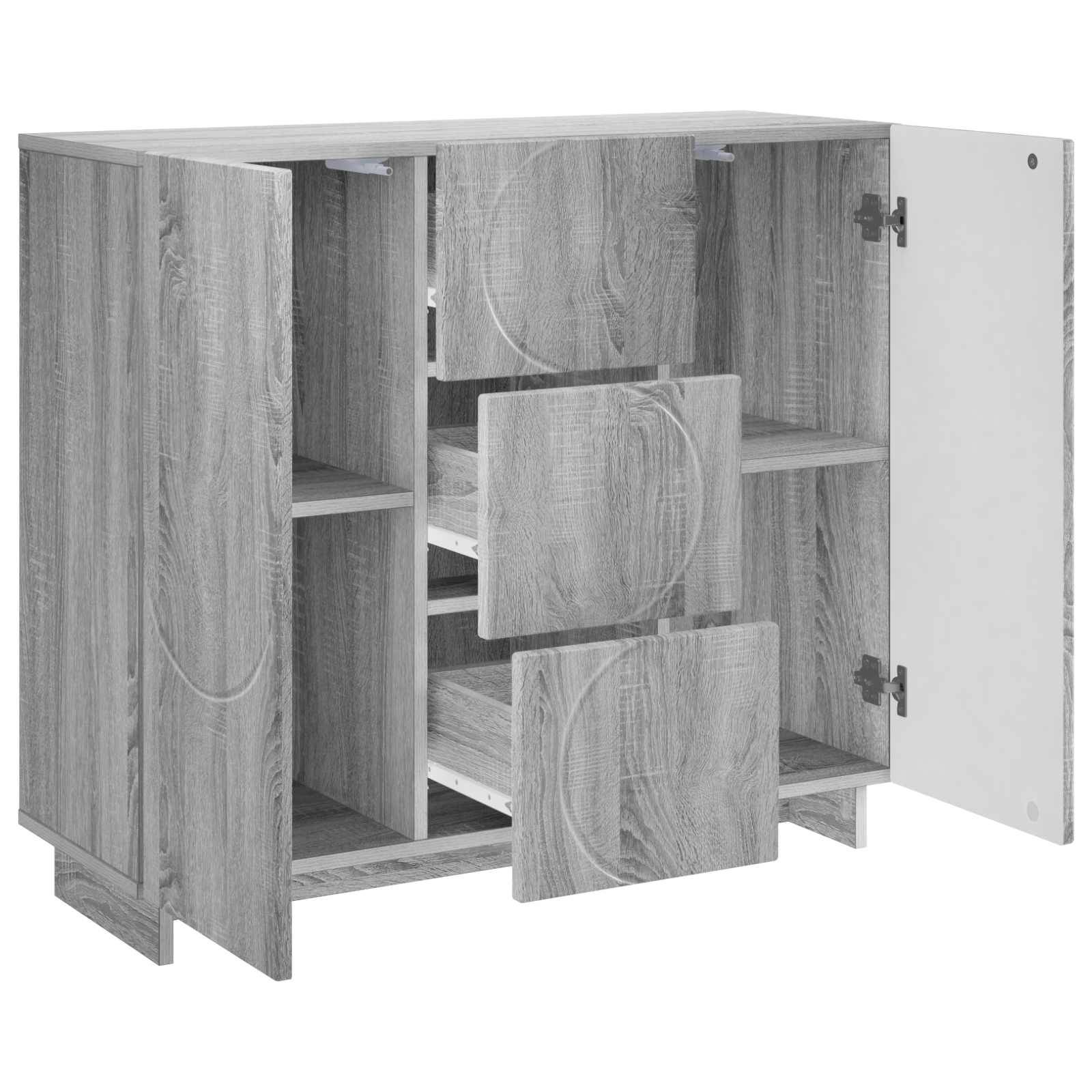 Holzmaserung-Schrank mit offenen Türen und drei Schubladen, zeigt innere Regale und Lagerfächer.