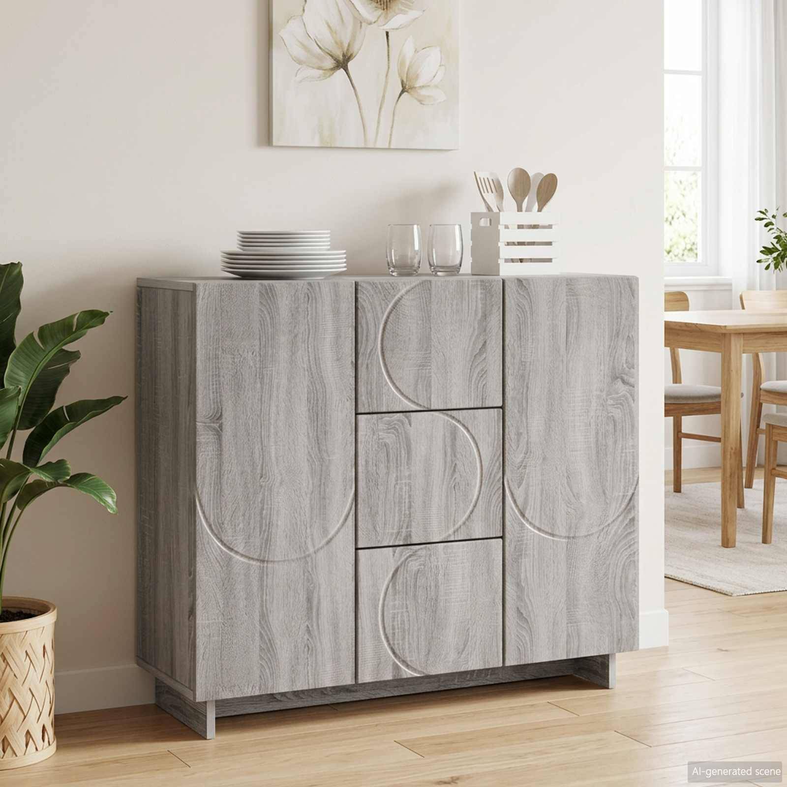 Modernes graubraunes Sideboard-Schränkchen mit abstraktem geschwungenem Paneldesign, bestückt mit Geschirr, Gläsern und Besteck in einem hellen Esszimmer.