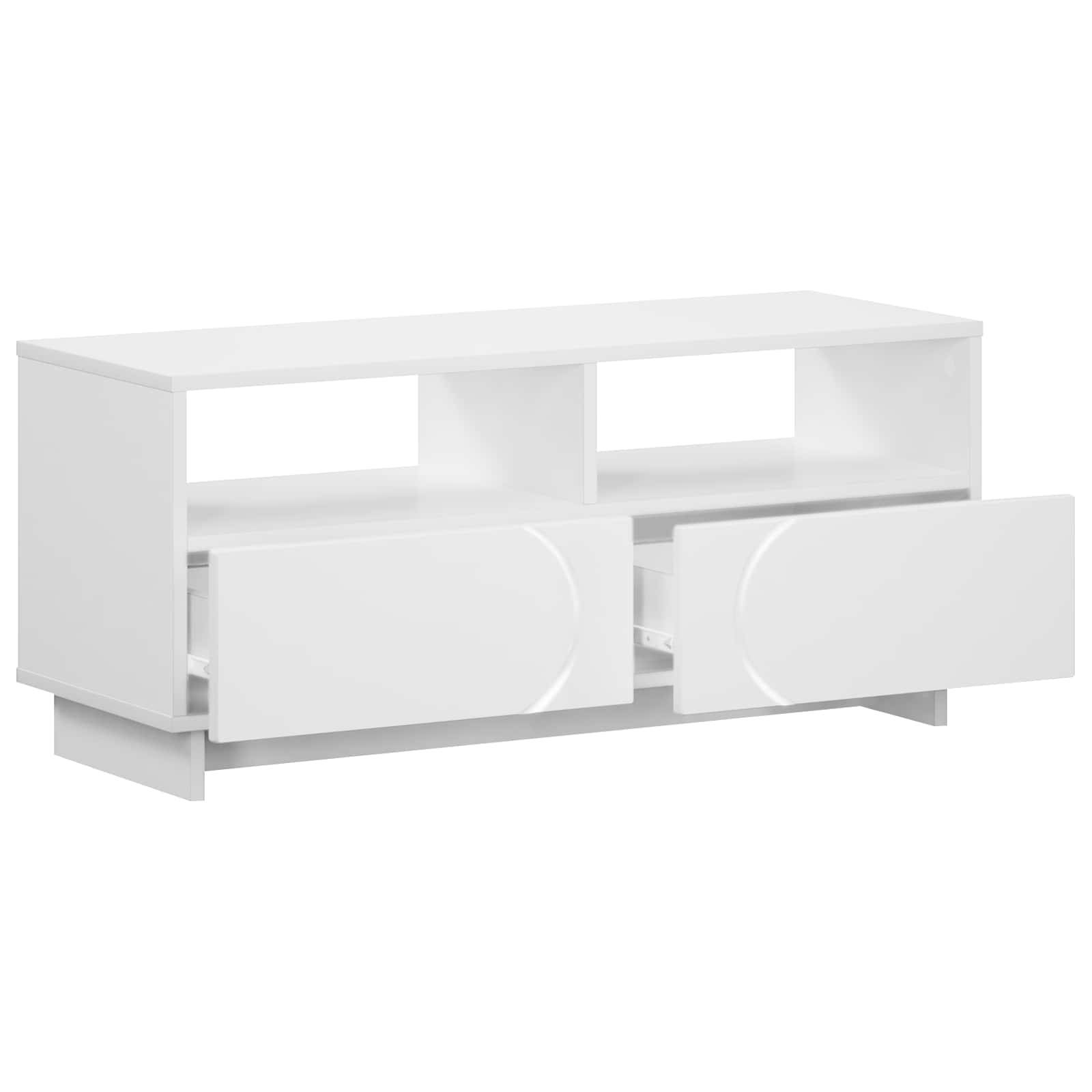 Weißes modernes TV-Sideboard mit zwei offenen Regalen und zwei geöffneten Türen, die Stauraum zeigen.