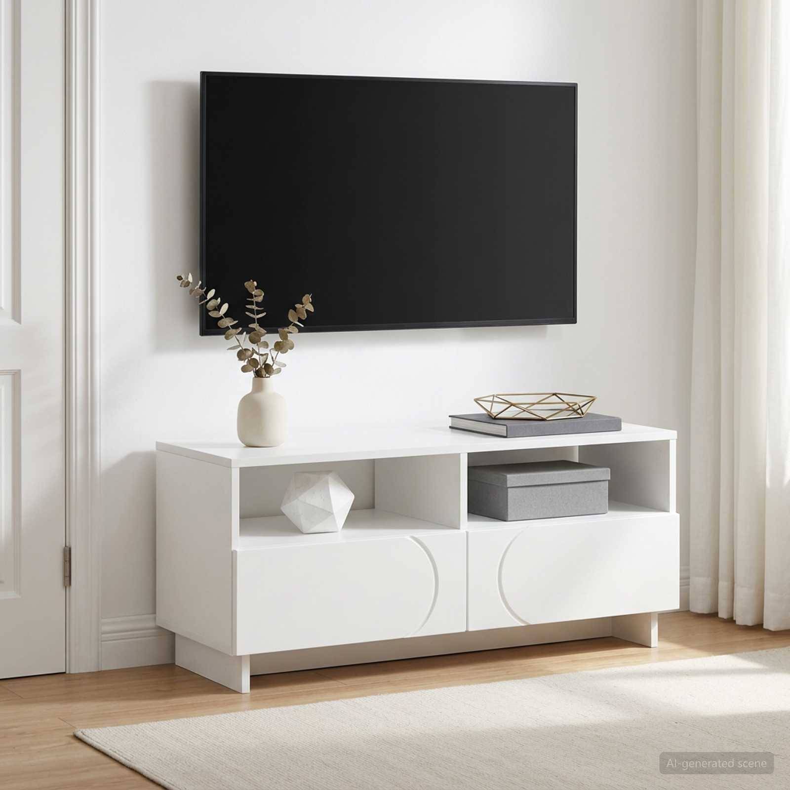 Wandmontierter Flachbildfernseher über einer weißen Medienkonsole mit Dekoration in einem hellen, minimalistischen Wohnzimmer.