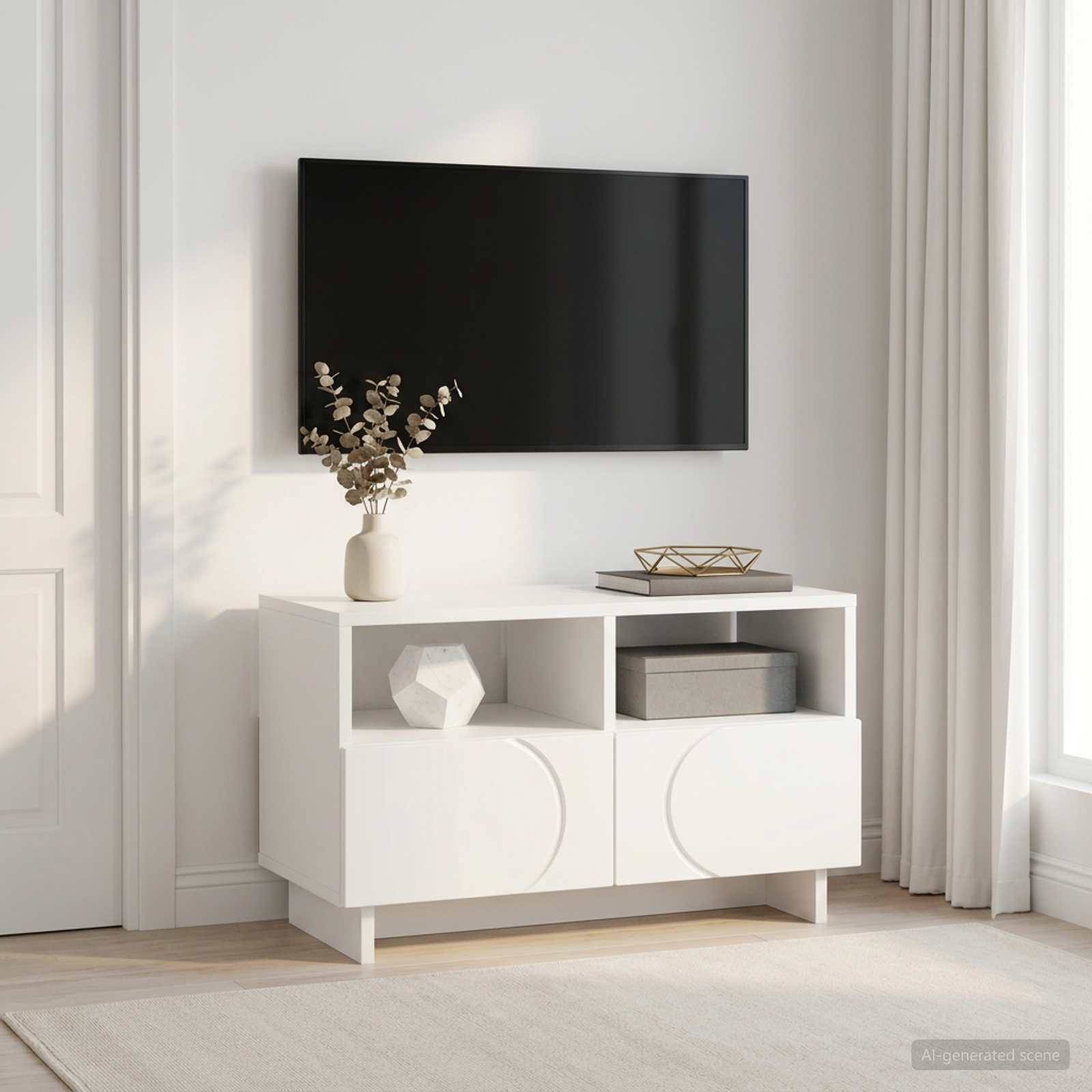 Minimalistisch gehaltene Wohnzimmerecke in Weiß mit einem an der Wand montierten schwarzen Fernseher über einem niedrigen weißen Schrank, der eine Vase, Bücher und Dekorationsgegenstände hält, neben hohen Vorhängen.