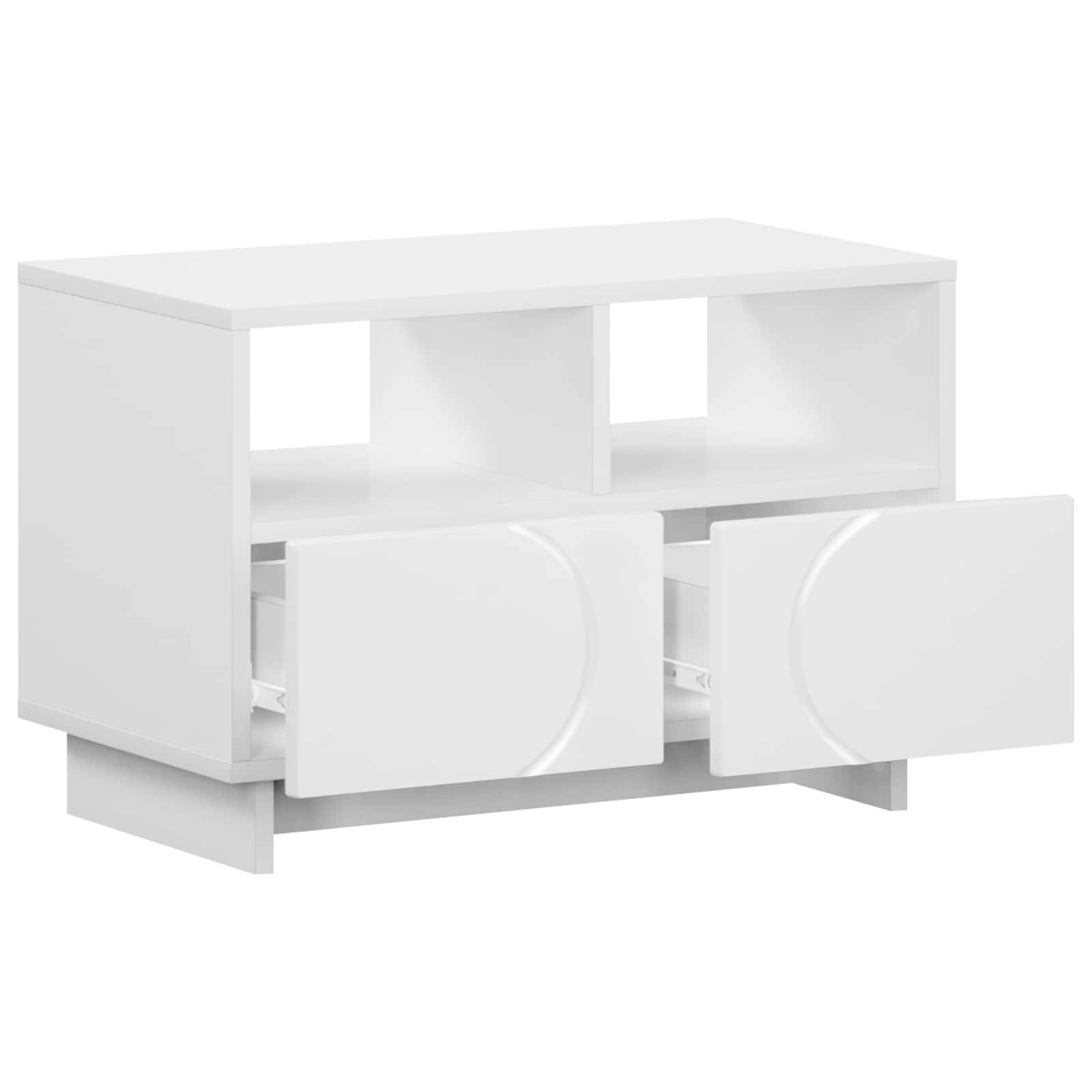 Weißer zweitüriger Schrank mit offenen Regalen oben und minimalistischem modernem Design.