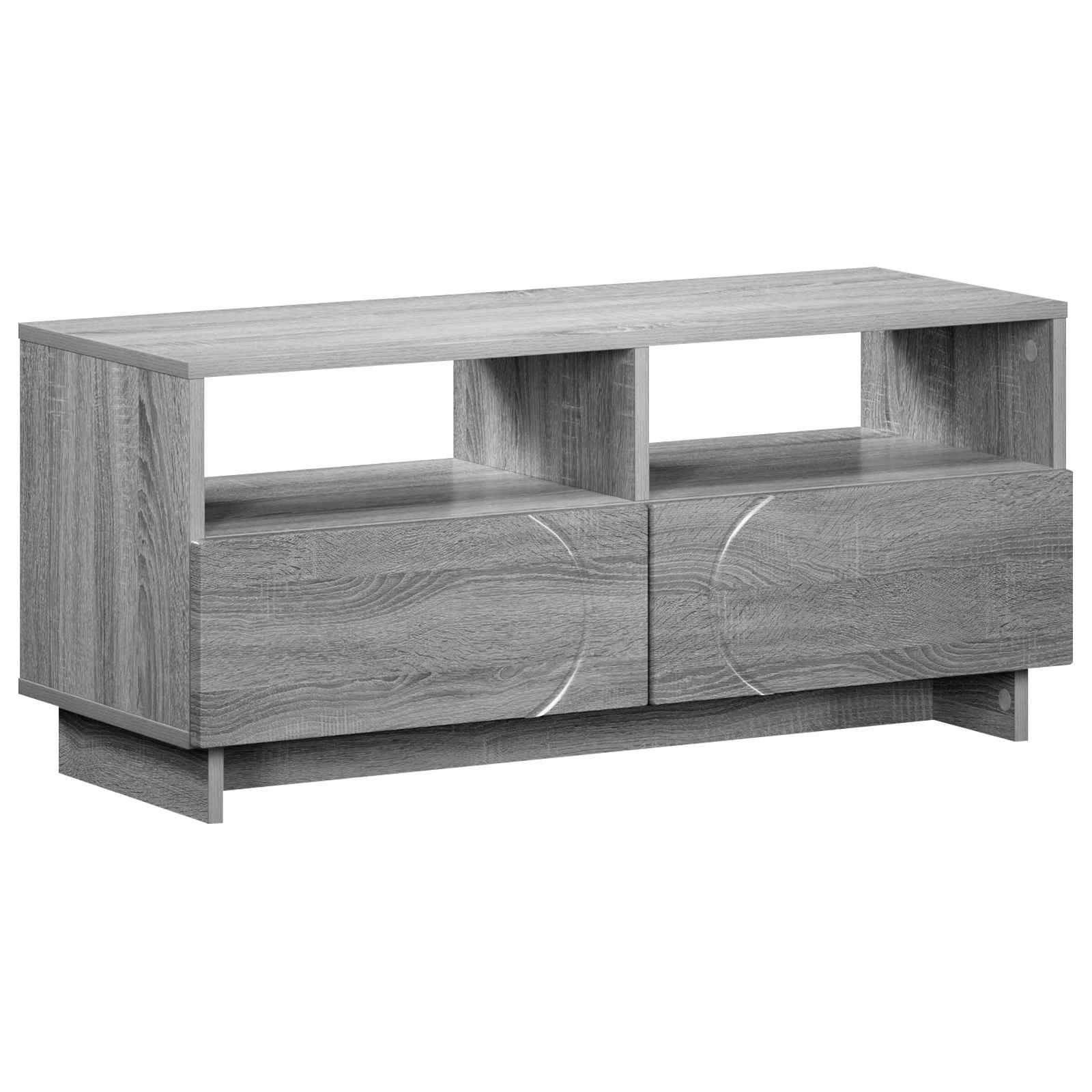 Grauer Holz-Fernsehtisch mit zwei offenen Regalen und zwei vorderen Schranktüren auf einem niedrigen Untergestell.