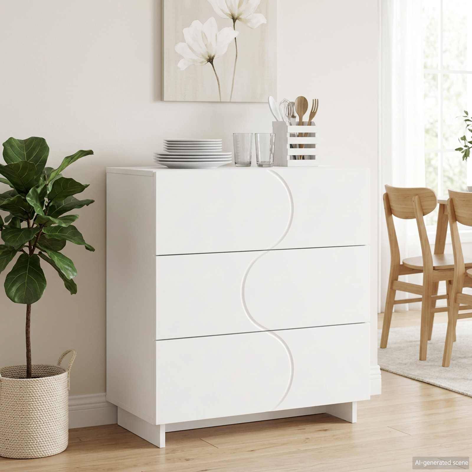 Weißer dreischübiger Kommode in einem hellen, minimalistischen Esszimmer, belegt mit Tellern und Besteck, neben einer Topfpflanze und Wandkunst.