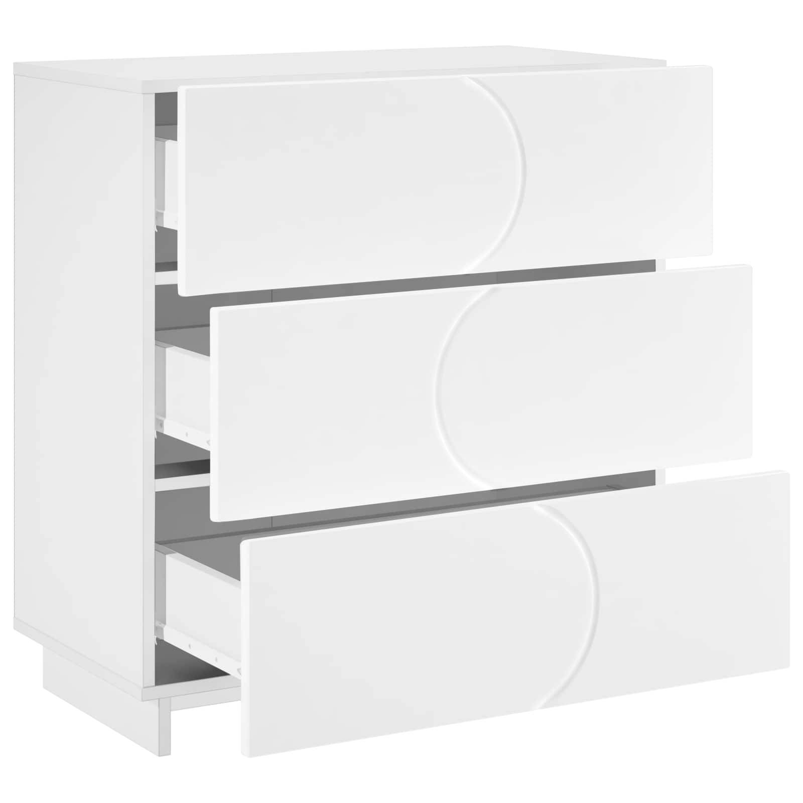 Weiße Kommode mit drei Schubladen, wobei alle Schubladen teilweise offen sind, die ein minimalistisches modernes Schrankdesign auf weißem Hintergrund zeigen.