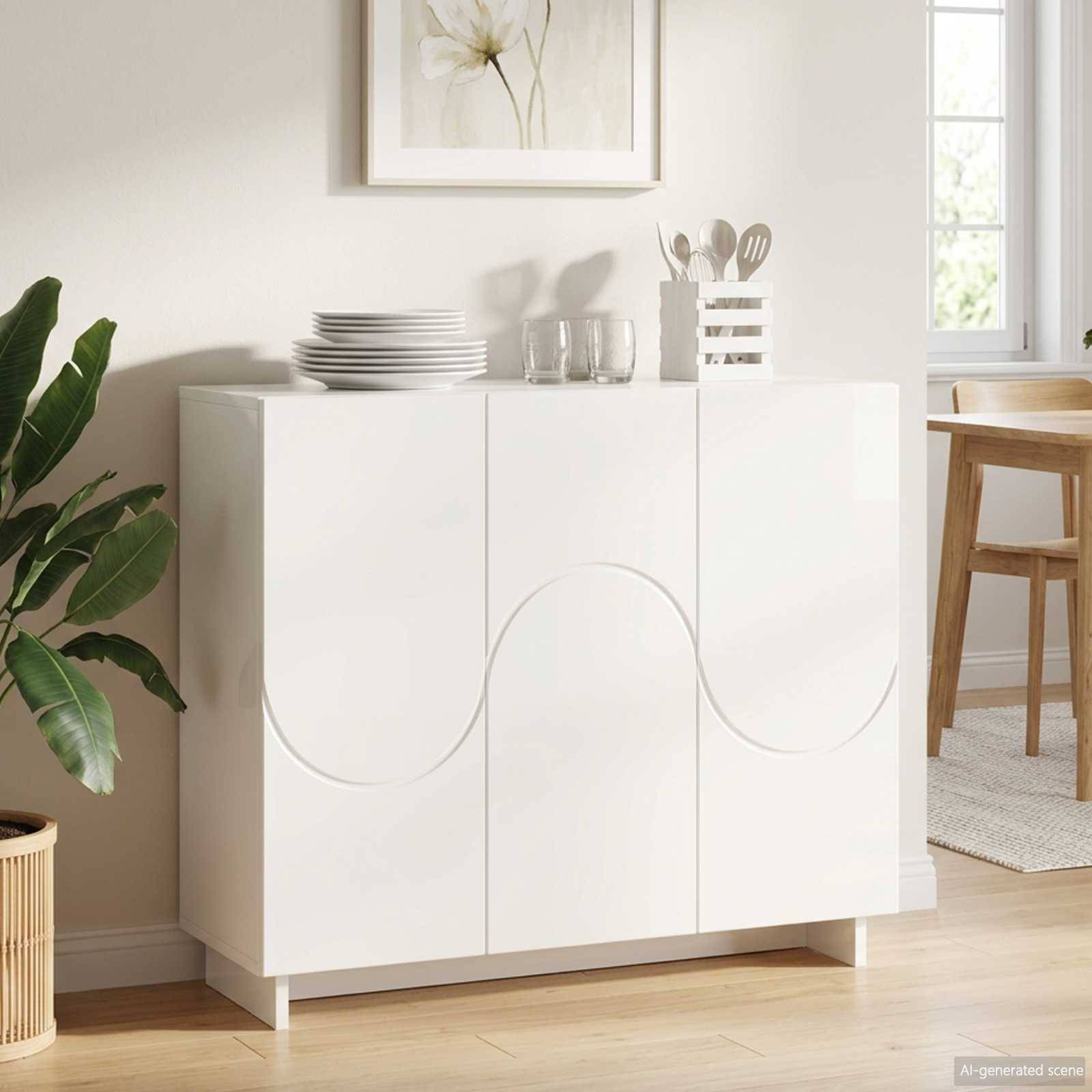 Modernes weißes Sideboard mit drei Türen und geschwungenen Paneeldetails in einem hellen Esszimmer, beladen mit gestapelten Tellern, Gläsern und Besteck neben einer Pflanze und einem Tisch.