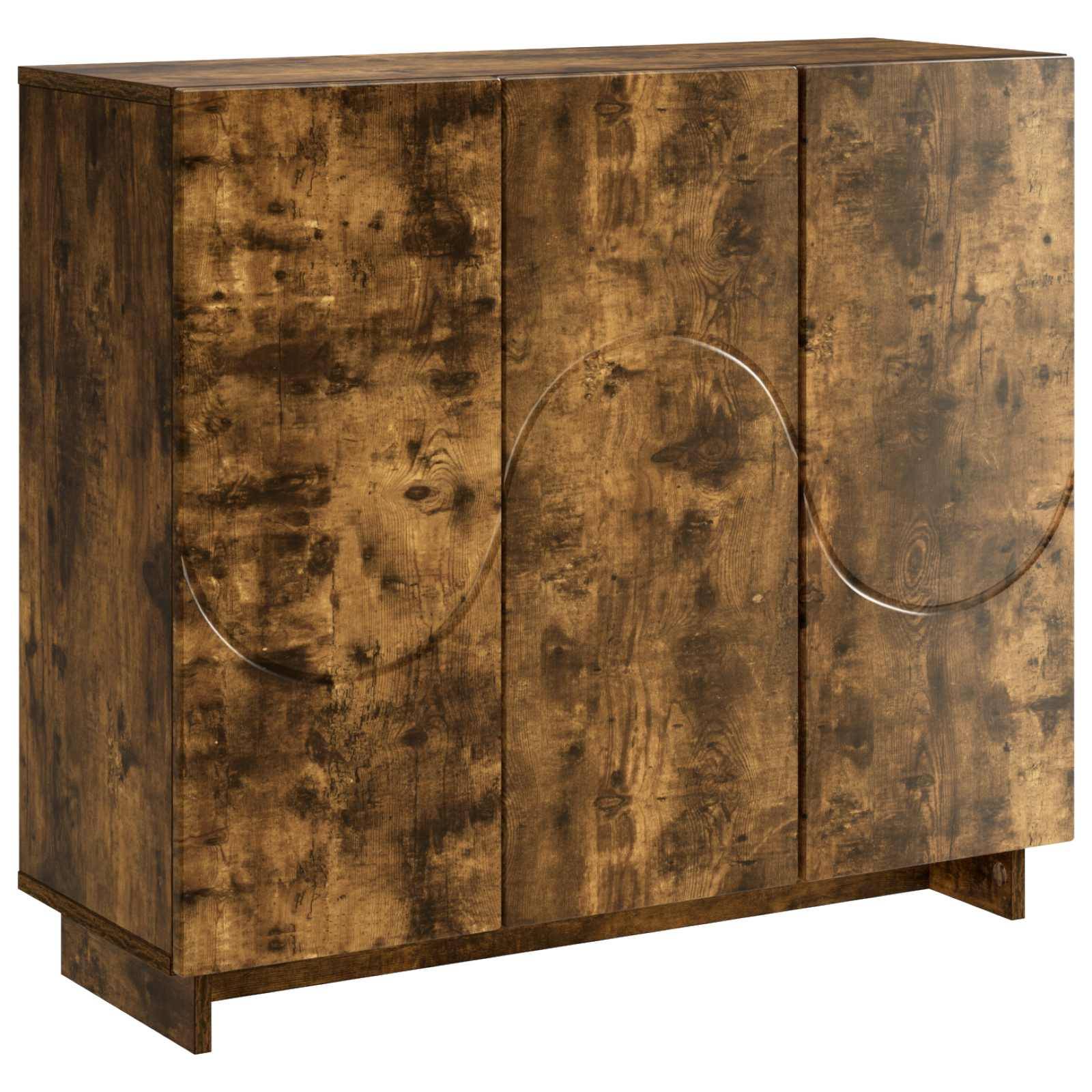 Holzschrank mit drei Türen mit rustikalem, verschliffenem Finish und geschwungenen, kreisförmigen Details auf der Vorderseite, vor weißem Hintergrund dargestellt.