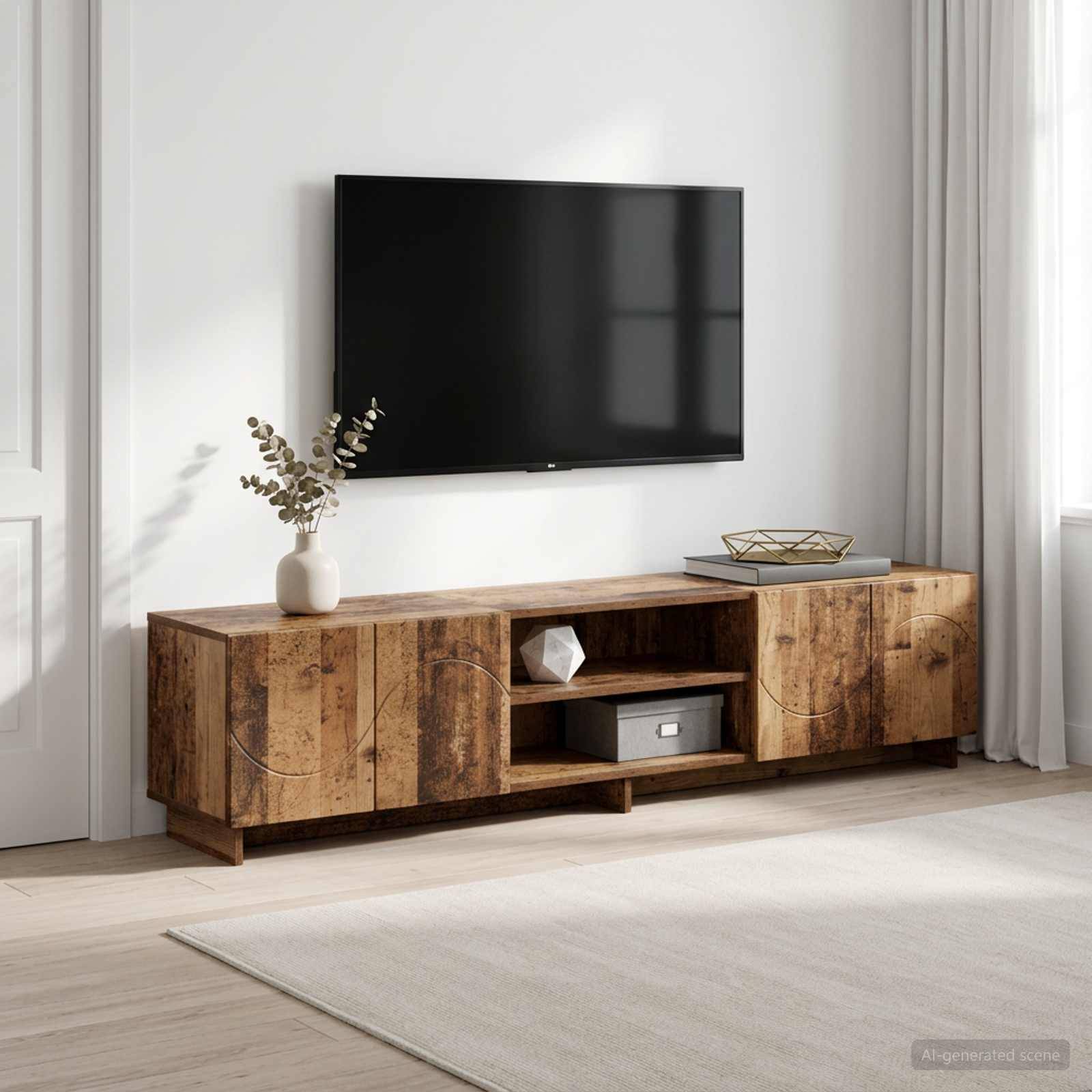 An der Wand montierter Flachbildfernseher über einer rustikalen Holzmedienkommode mit einer Vase, einem Tablett und Regalen in einem hellen Wohnzimmer.