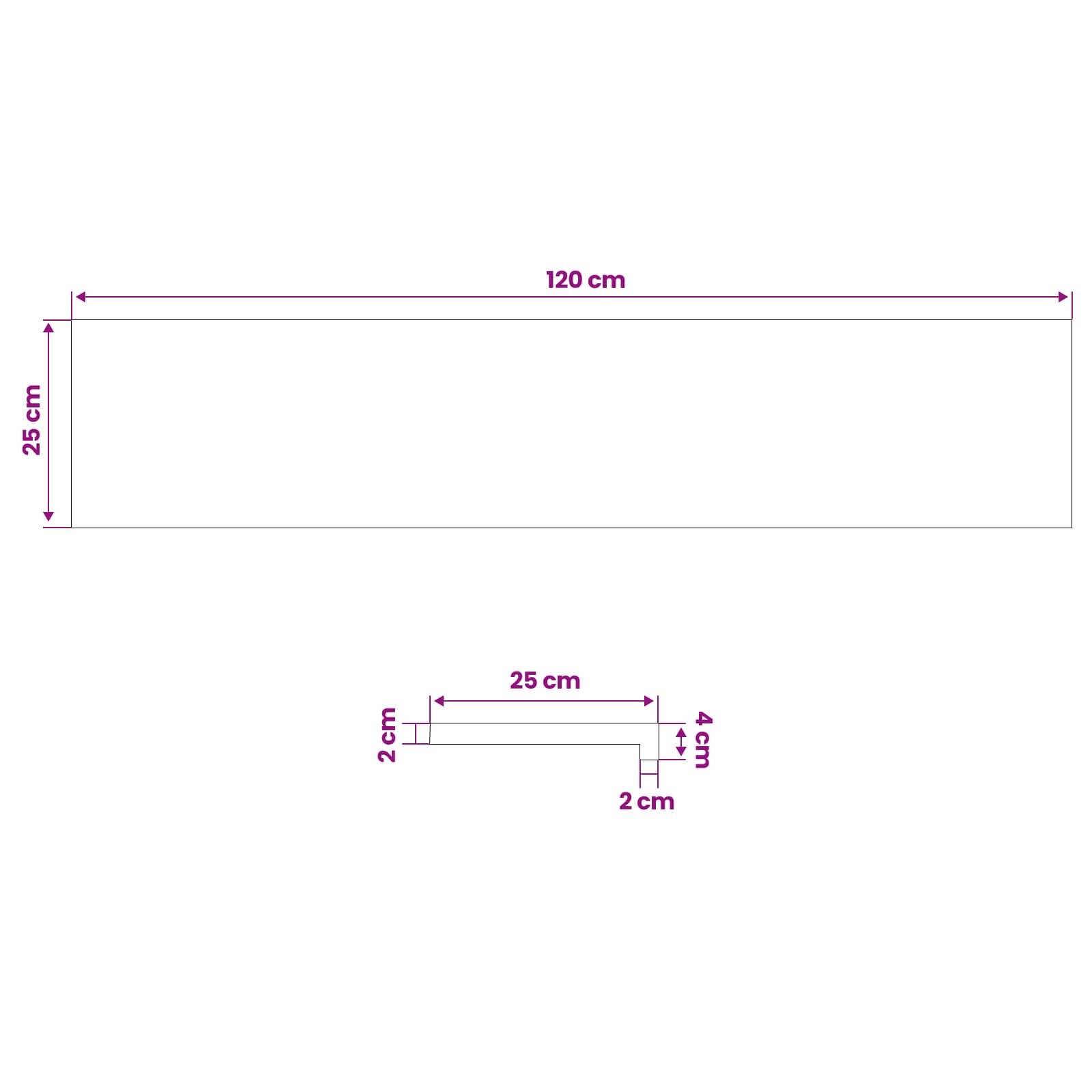 Maßstabzeichnung zeigt ein 120 cm x 25 cm Rechteck mit einer kleineren Stufenform darunter, beschriftet mit 25 cm Breite, 4 cm Höhe und 2 cm Seitenversatz sowie Bodenversatz.