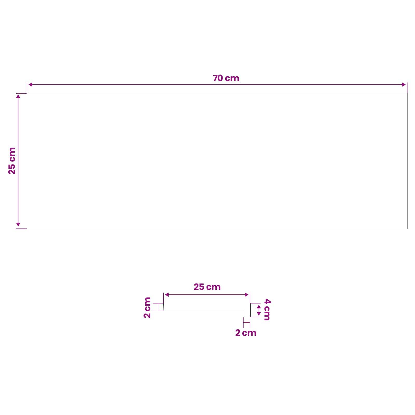 Abmessungsdiagramm eines Rechtecks mit einer Breite von 70 cm und einer Höhe von 25 cm mit einem kleineren L-förmigen Abschnitt darunter mit den Beschriftungen 25 cm, 4 cm und 2 cm.