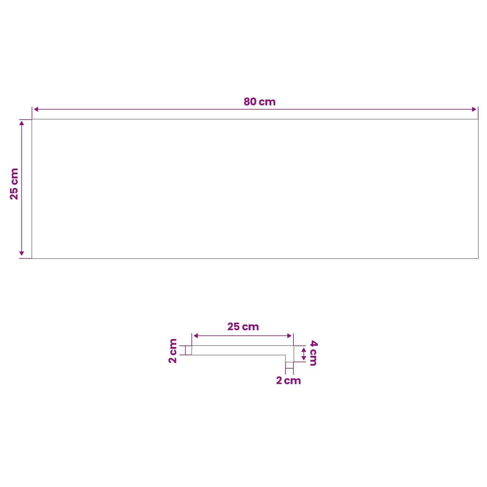 Diagramm zweier Messungen: Ein großes Rechteck mit der Beschriftung 80 cm breit und 25 cm hoch, und eine kleinere Klammerform mit der Beschriftung 25 cm lang mit Seitendimensionen von 2 cm und 4 cm.
