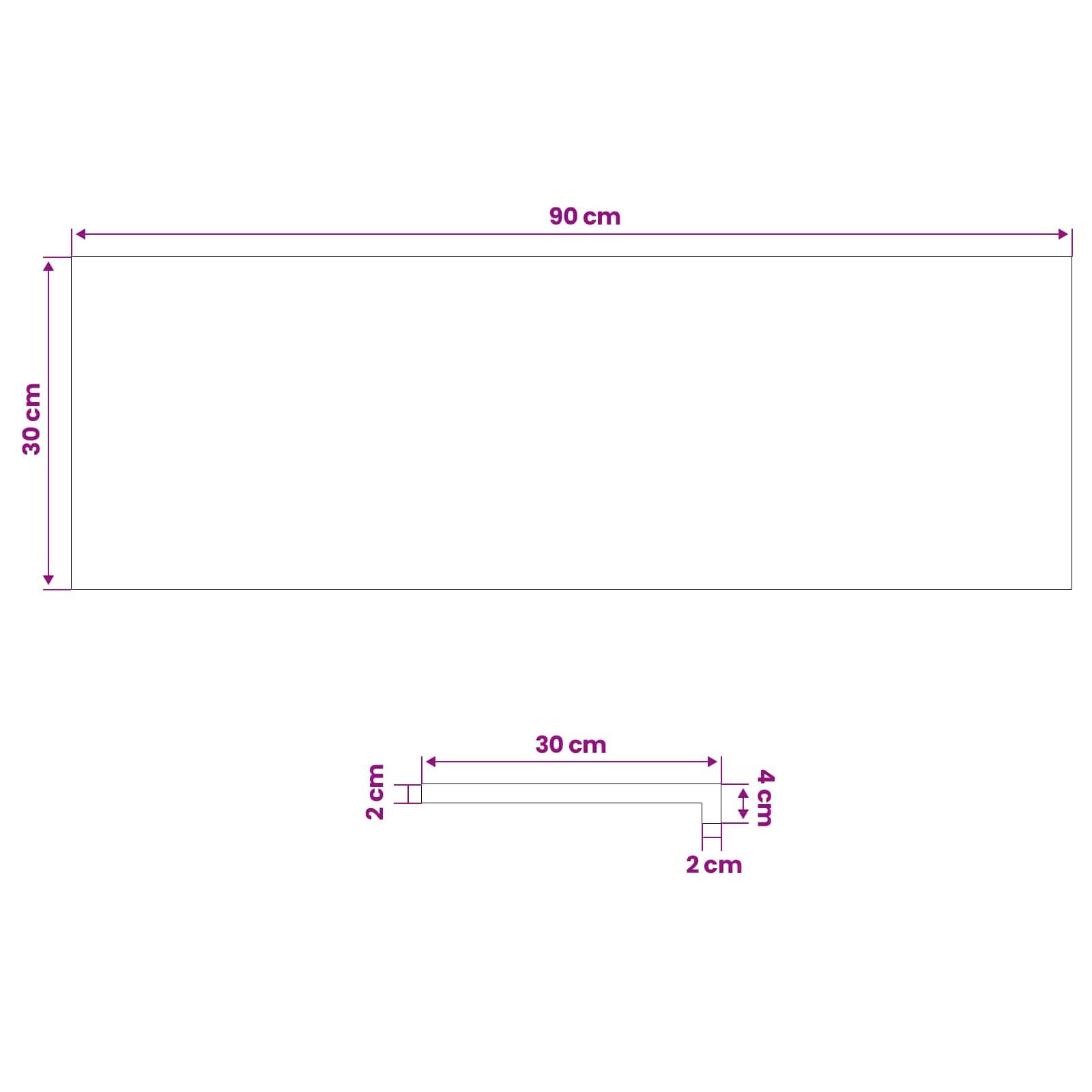 Technisches Diagramm mit zwei rechteckigen Abmessungen: Ein großes 90 cm x 30 cm Rechteck oben und ein kleineres abgestuftes Profil darunter, das 30 cm breit ist, 2 cm und 4 cm hoch, mit 2 cm Versatz.