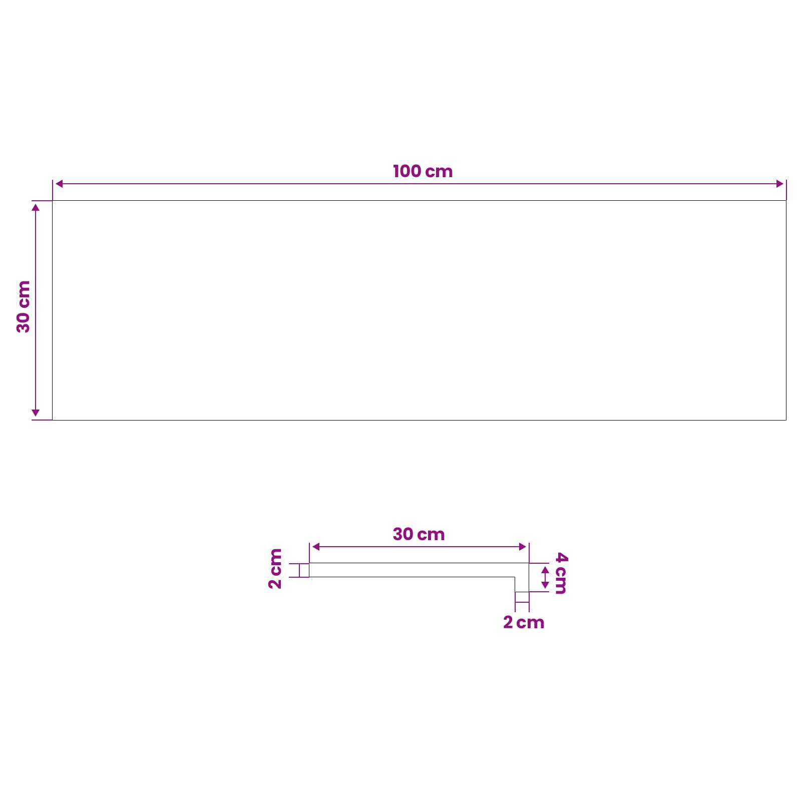 Diagramm mit einem 100 cm mal 30 cm großen Rechteck und darunter einem kleineren L-förmigen Profil, das 30 cm breit ist, mit Seitenmessungen von 2 cm und 4 cm.