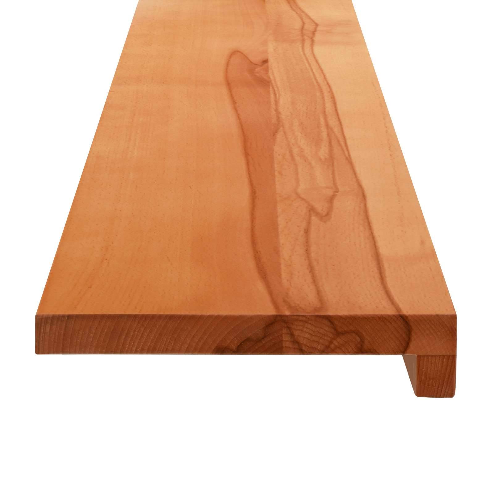 Lange rechteckige Holzplatte mit glatter natürlicher Maserung und einer kleinen vorstehenden Stütze unten an der vorderen rechten Seite.
