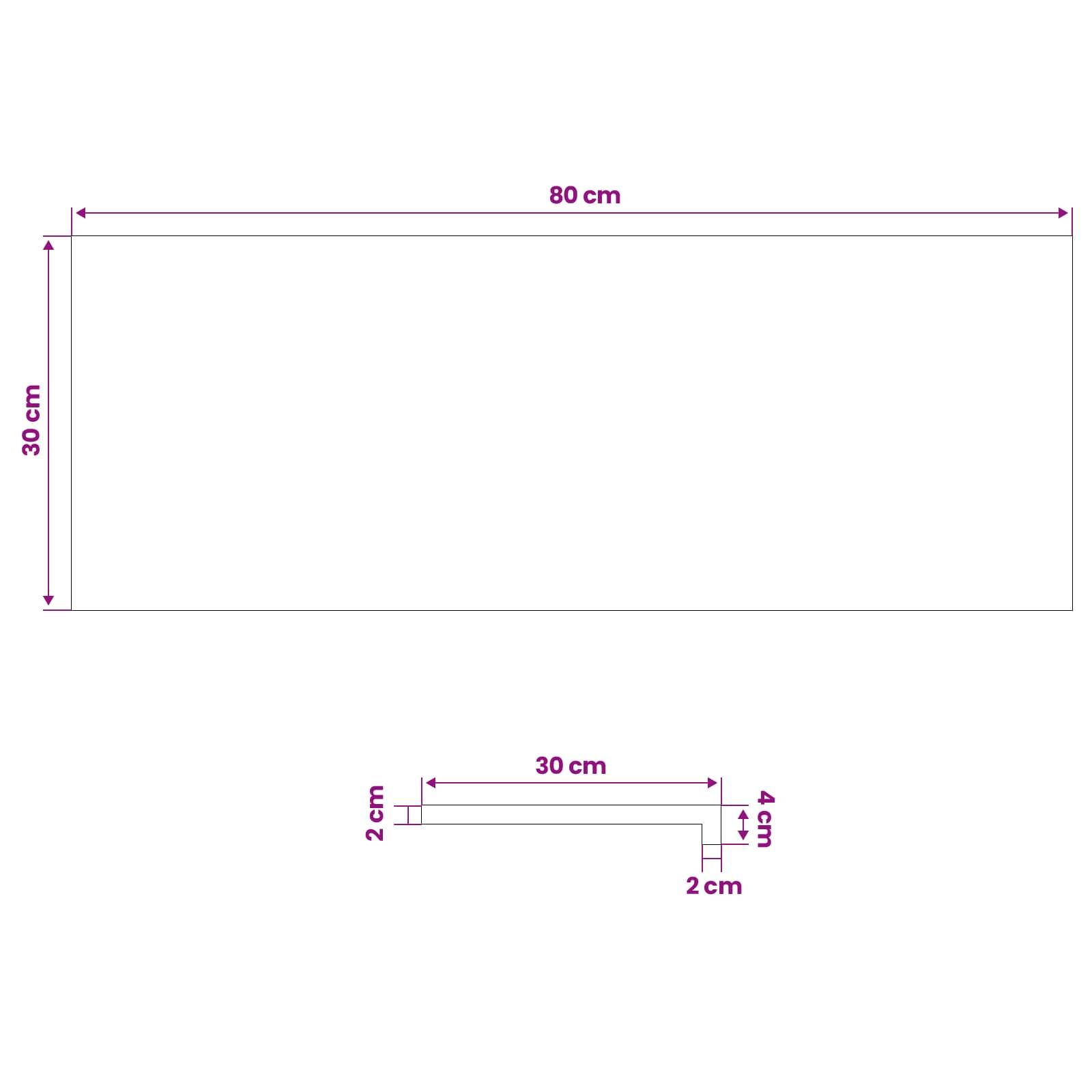 Diagramm zweier rechteckiger Formen mit beschrifteten Abmessungen: großes Rechteck 80 cm mal 30 cm und kleineres L-förmiges Profil 30 cm breit mit Seitenmessungen von 2 cm und 4 cm.
