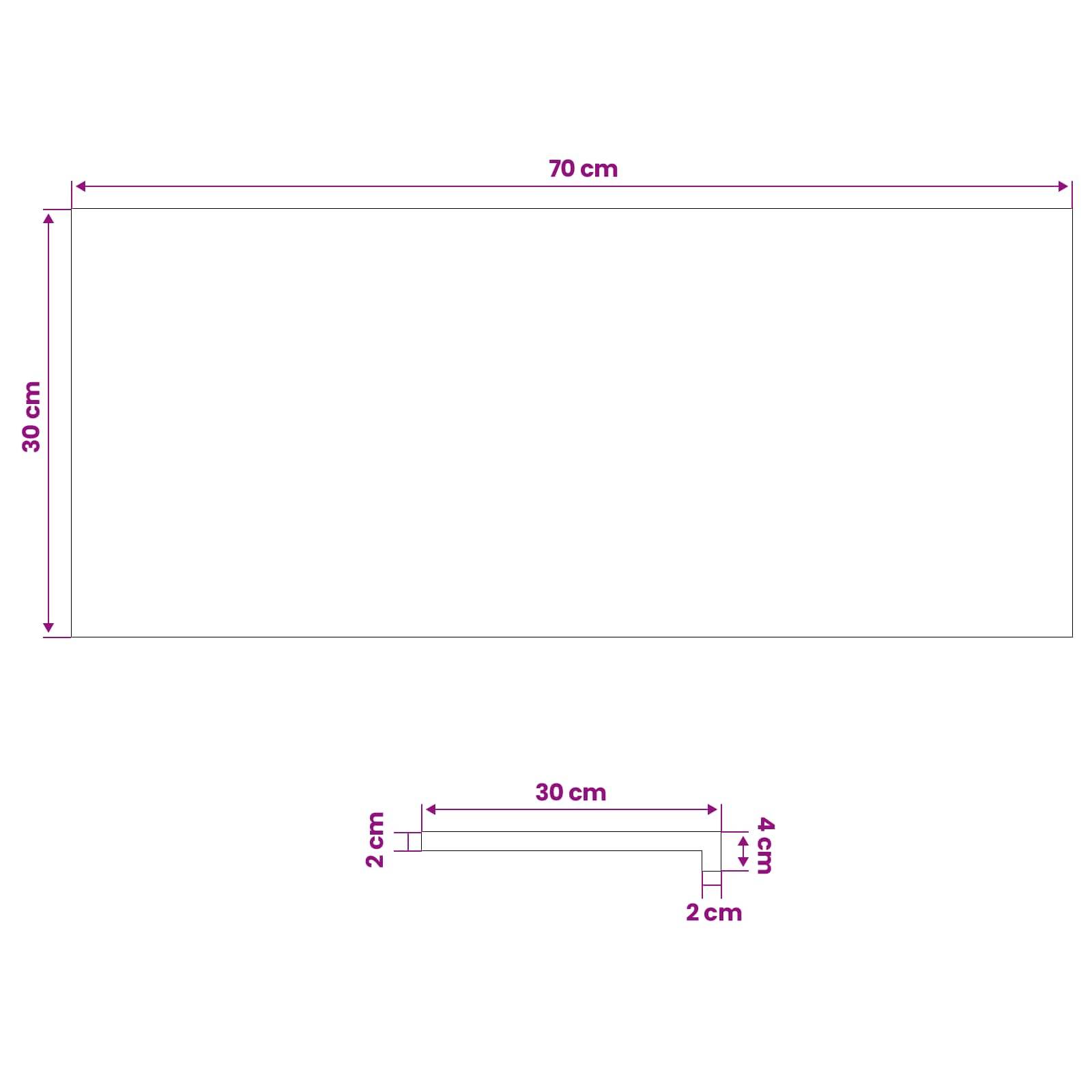 Dimensionsdiagramm von zwei Formen: ein Rechteck von 70 cm mal 30 cm und ein kleineres L-förmiges Stück mit einer Breite von 30 cm, einer Höhe von 4 cm und einer Dicke von 2 cm.
