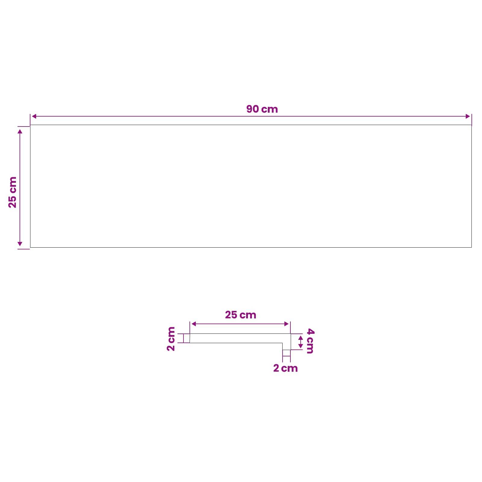 Dimensionszeichnung von zwei Formen: ein Rechteck von 90 cm x 25 cm und ein kleines L-förmiges Profil mit den Bezeichnungen 25 cm, 4 cm und 2 cm.