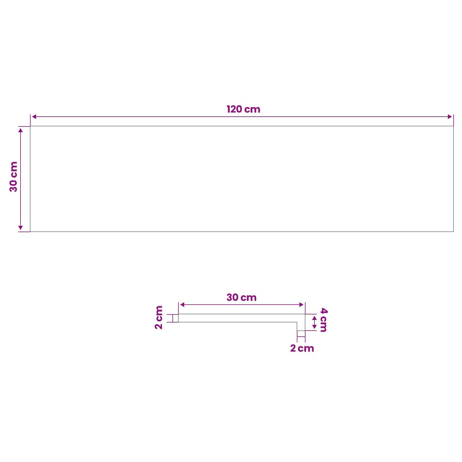 Maßstabzeichnung mit einem großen Rechteck von 120 cm mal 30 cm und einem kleineren L-förmigen Teil mit den Maßangaben 30 cm, 4 cm und 2 cm.
