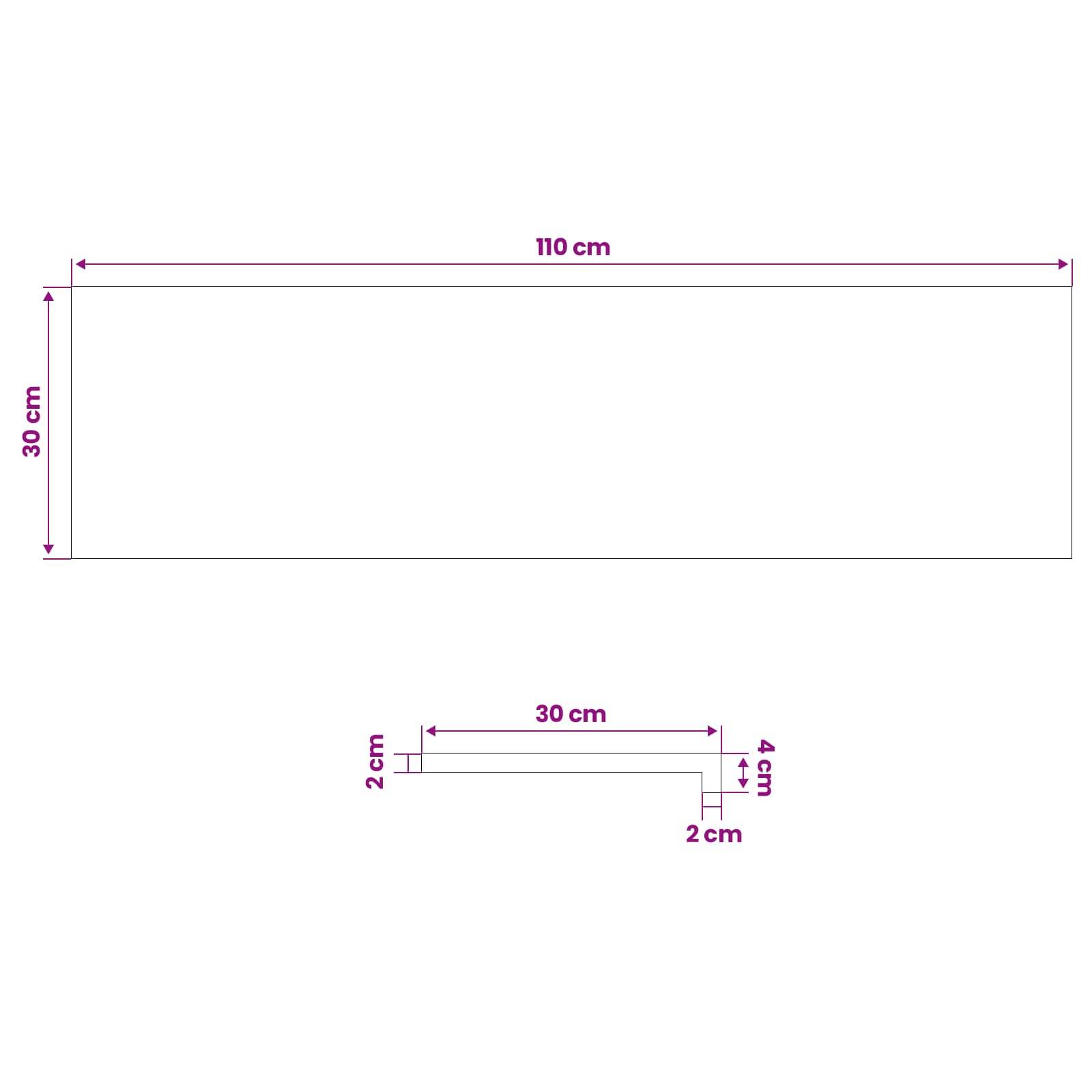 Diagramm mit zwei Formen: Ein großes Rechteck mit den Maßen 110 cm × 30 cm und eine kleinere L-förmige Figur mit einer Breite von 30 cm und Seitenmessungen von 2 cm und 4 cm.