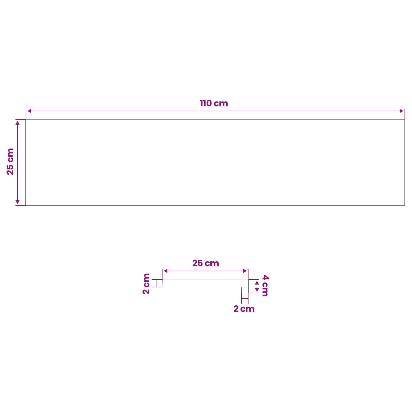 Diagramm von zwei gemessenen rechteckigen Formen: ein großes Rechteck mit den Maßen 110 cm × 25 cm und eine kleinere stufenförmige Kontur mit den Bezeichnungen 25 cm, 2 cm und 4 cm.