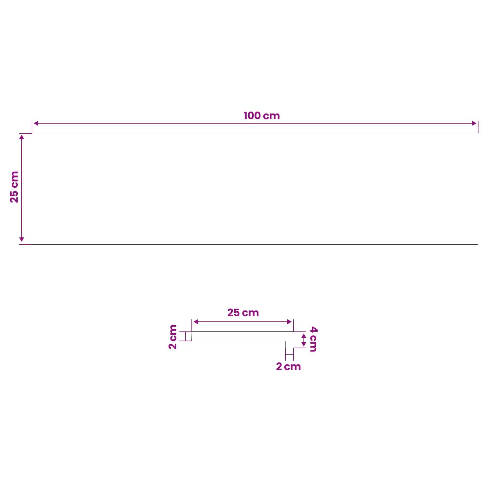 Dimensionsdiagramm mit einem 100 cm x 25 cm großen Rechteck und einem kleineren L-förmigen Profil mit den Bezeichnungen 25 cm, 2 cm und 4 cm.
