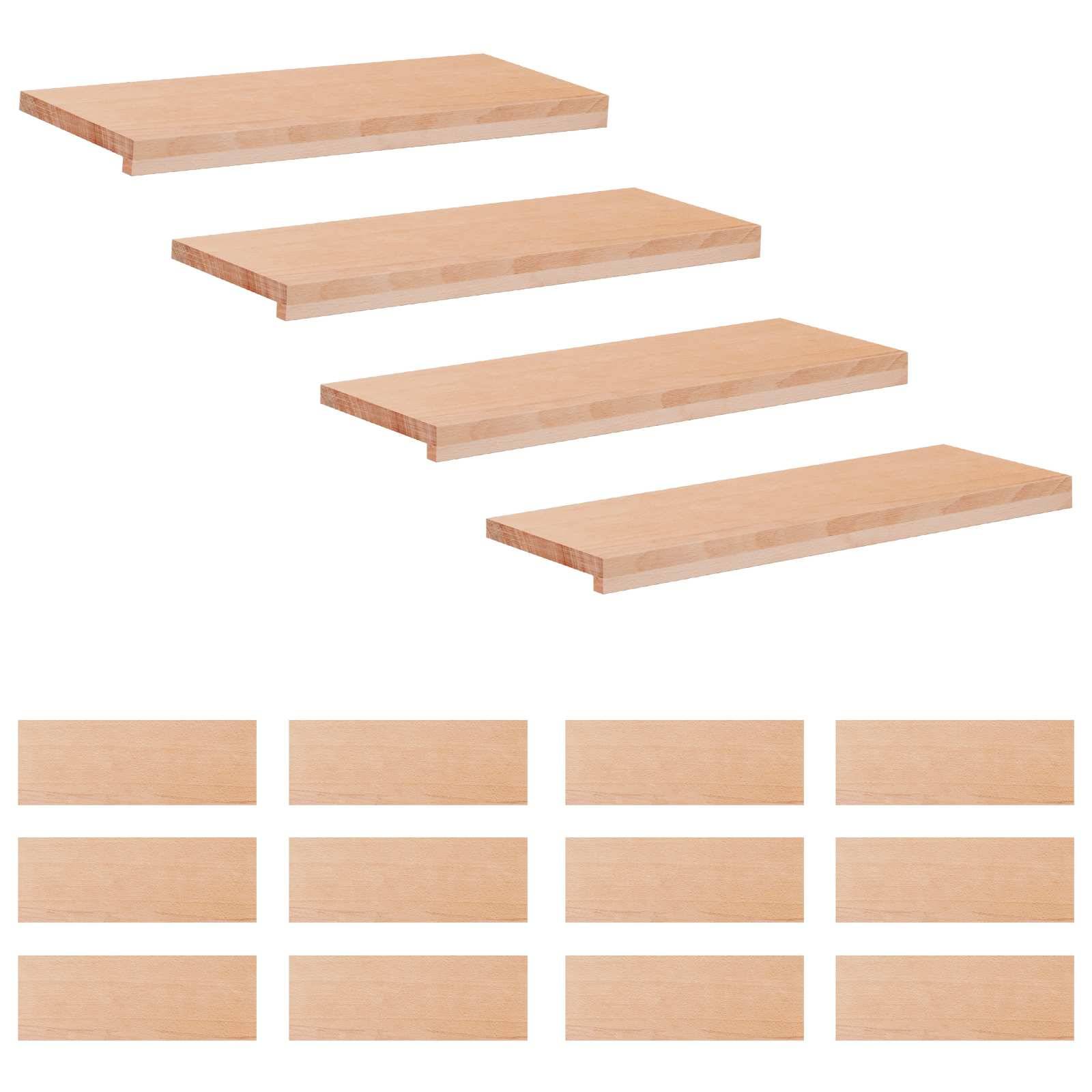 Vier leichte Holzwandregale in Perspektive über einem Raster aus 12 rechteckigen Holzpaneelen, die Regalgrößen und Oberflächenbehandlungen zeigen.