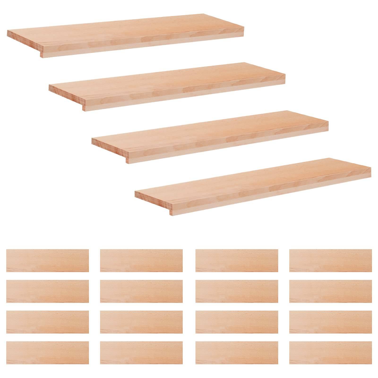Produktbild von vier schwebenden Holzregalen, die in verschiedenen Größen gezeigt werden, mit einem Raster von kleinen passenden Holzmusterplatten darunter.