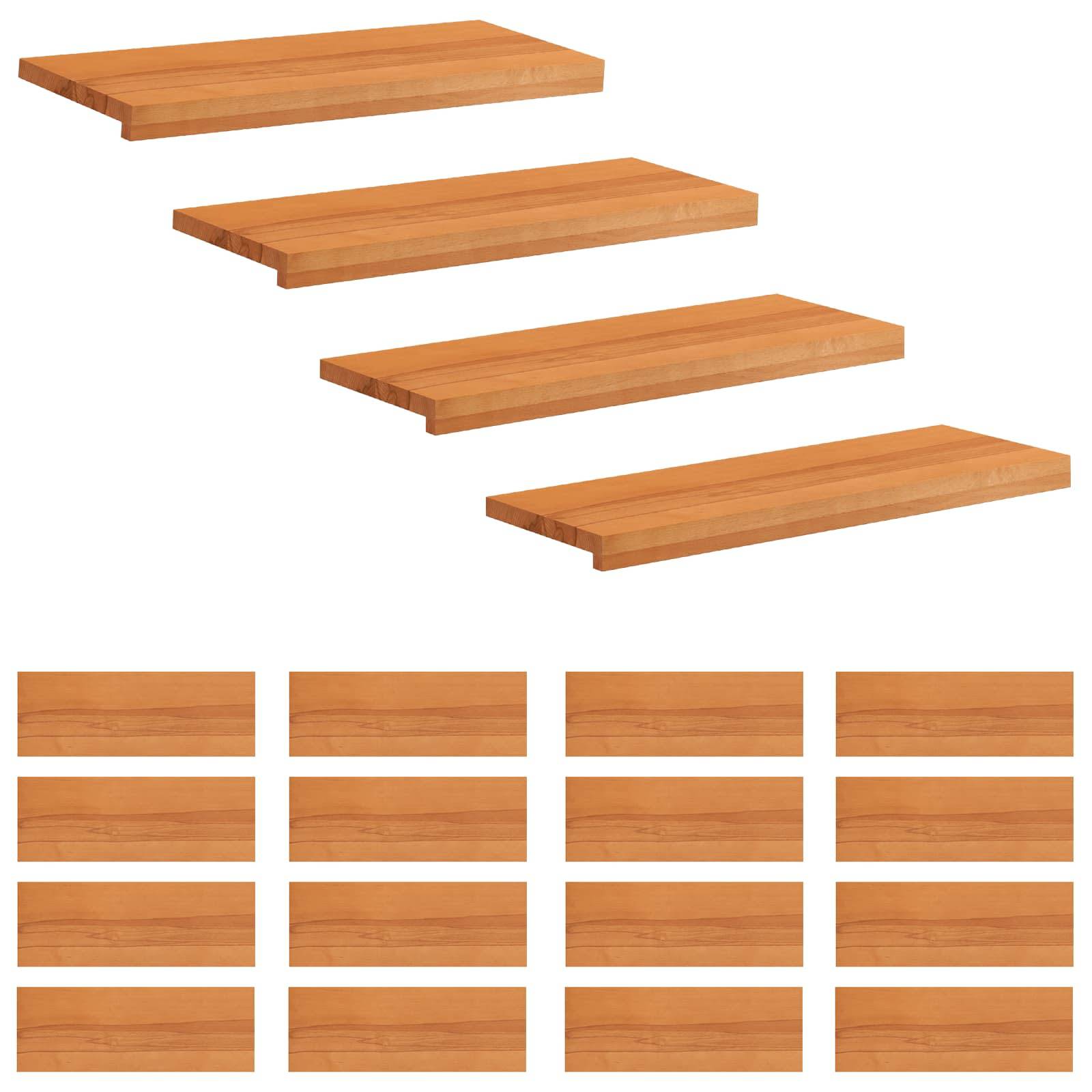 Diagramm zur Montage eines Holzregals mit vier Wandregalen und 16 rechteckigen Holzteilen, die unten angeordnet sind, wahrscheinlich für Installations- oder Anordnungsanleitung.