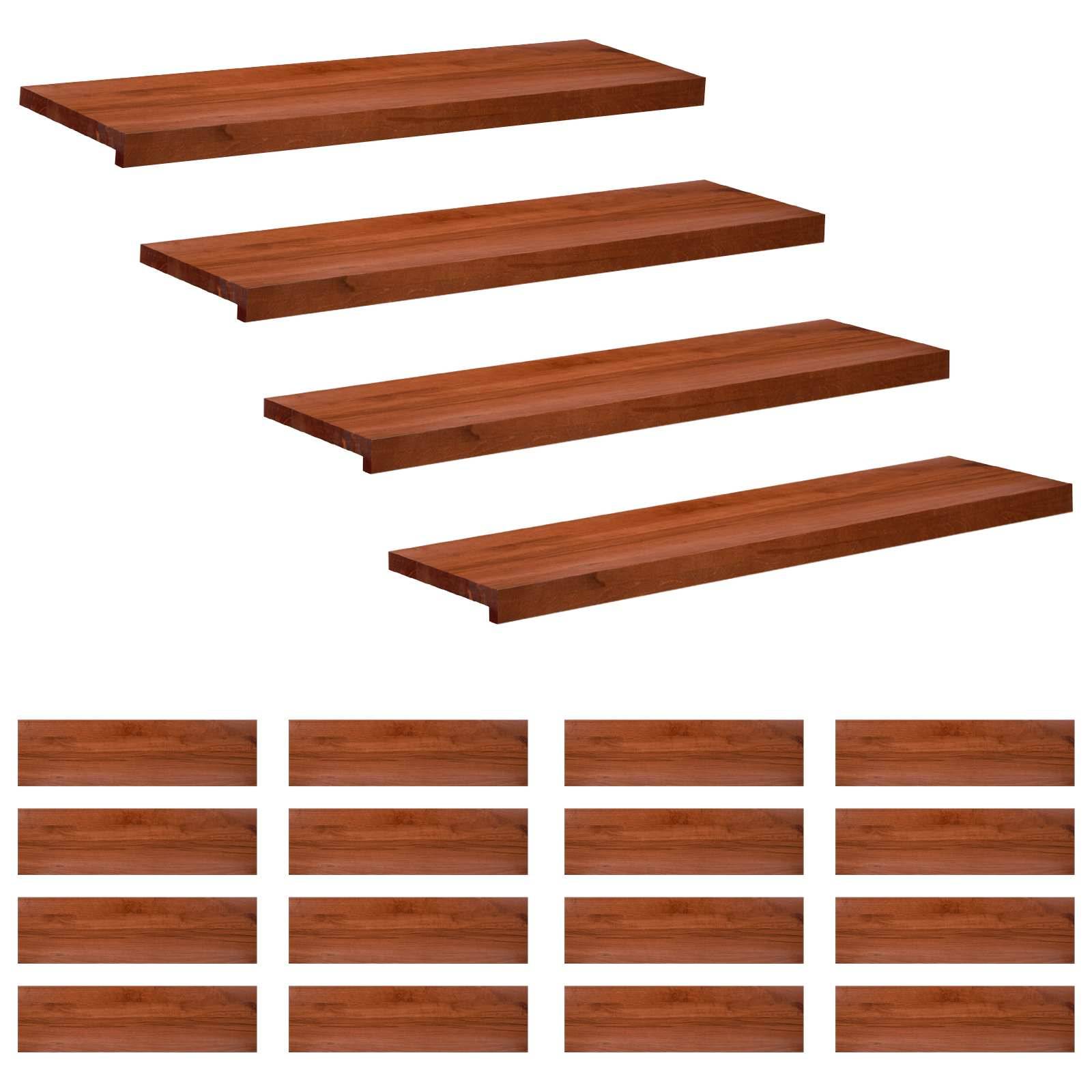 Wandregal-Set aus Holz dargestellt als vier schwebende Regale über einem Raster von 16 passenden Regalteilen.