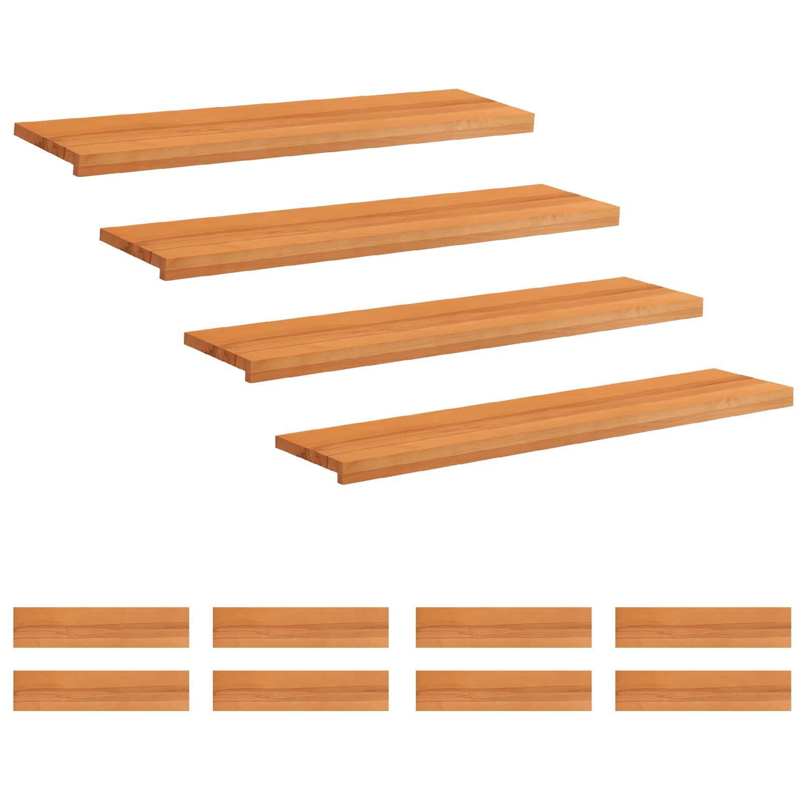 Illustration von vier schwebenden Holzregalen über acht kleineren Regalteilen, die in zwei Reihen angeordnet sind und ein modulares Wandregal-Design zeigen.