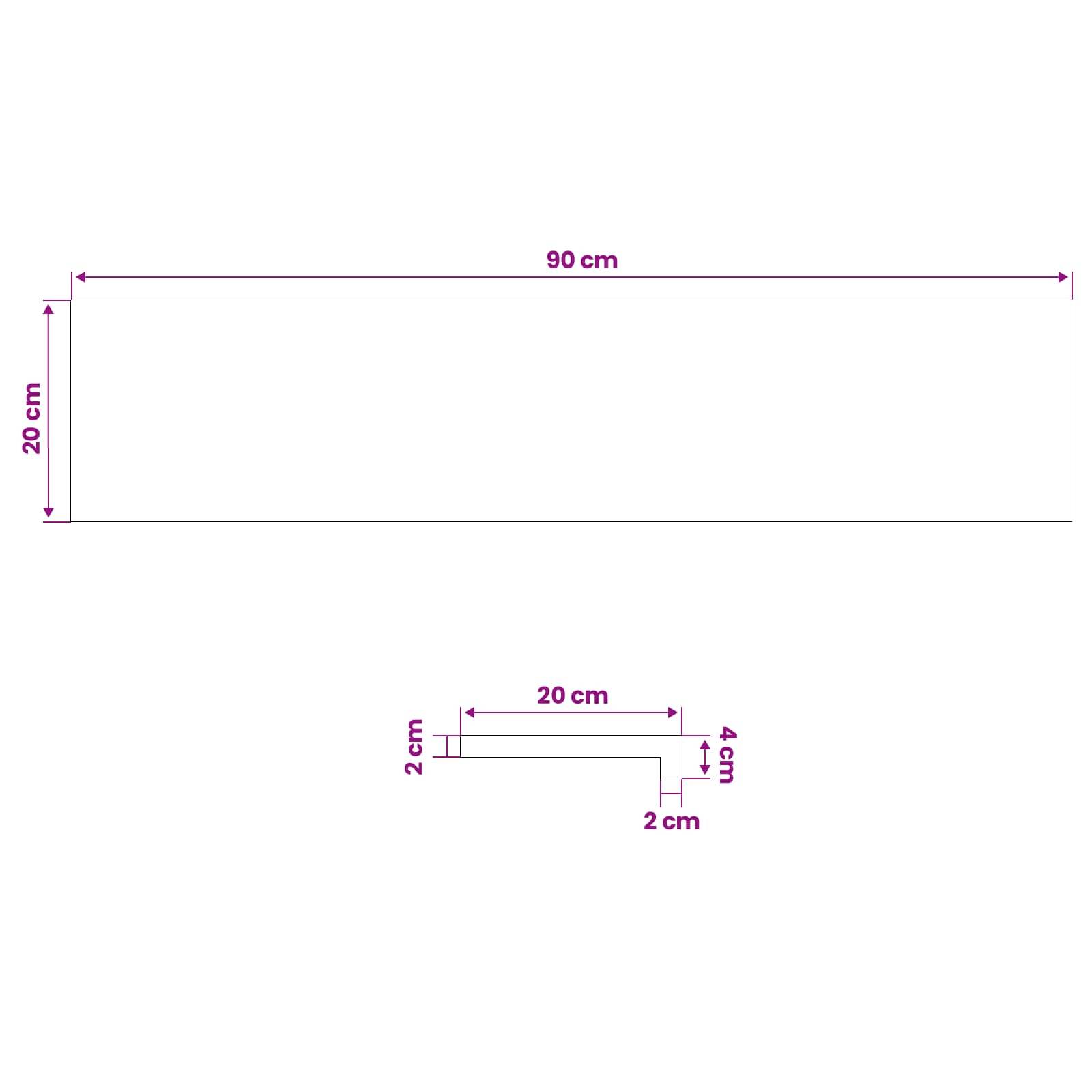 Abmessungsdiagramm zeigt ein Rechteck von 90 cm x 20 cm und ein kleineres L-förmiges Teil mit den Bezeichnungen 20 cm, 4 cm und 2 cm.
