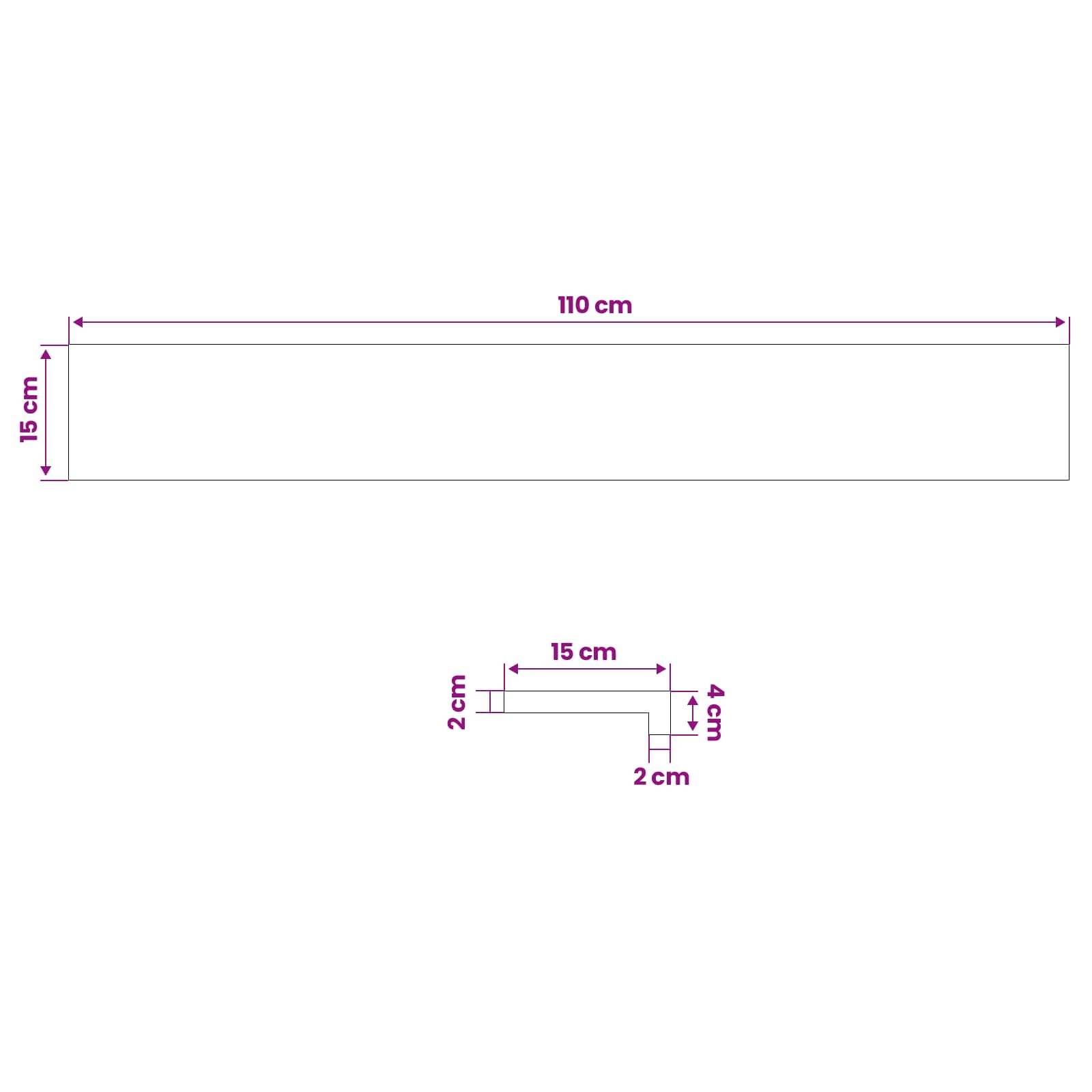 Technisches Diagramm mit Abmessungen von zwei Formen: ein Rechteck von 110 cm x 15 cm und ein kleines gestuftes L-förmiges Profil mit den Abmessungen 15 cm, 4 cm und 2 cm.