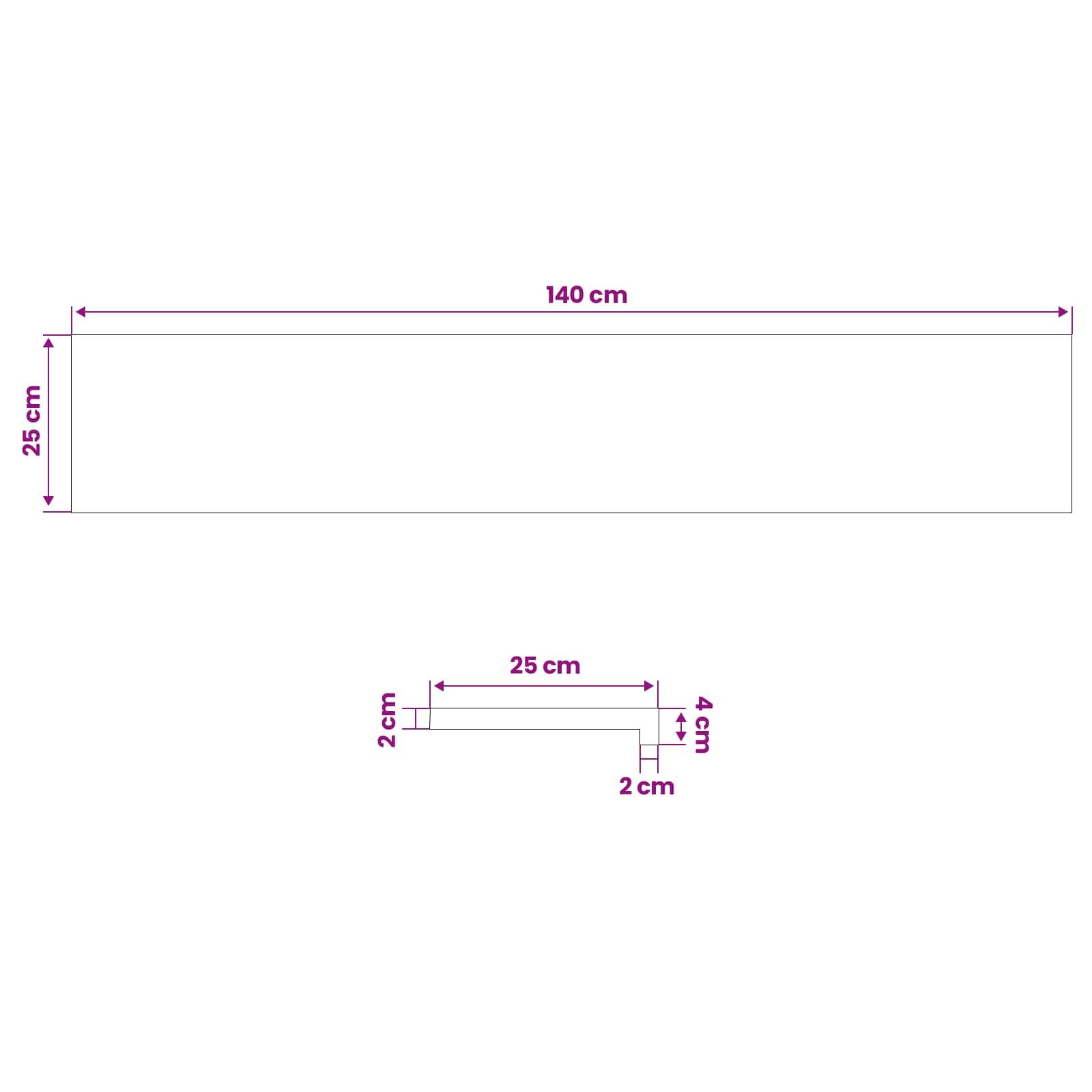 Dimensionsdiagramm von zwei rechteckigen Teilen: ein großes Rechteck von 140 cm mal 25 cm und ein kleinerer Streifen von 25 cm mal 4 cm mit einem angegebenen Versatz von 2 cm.