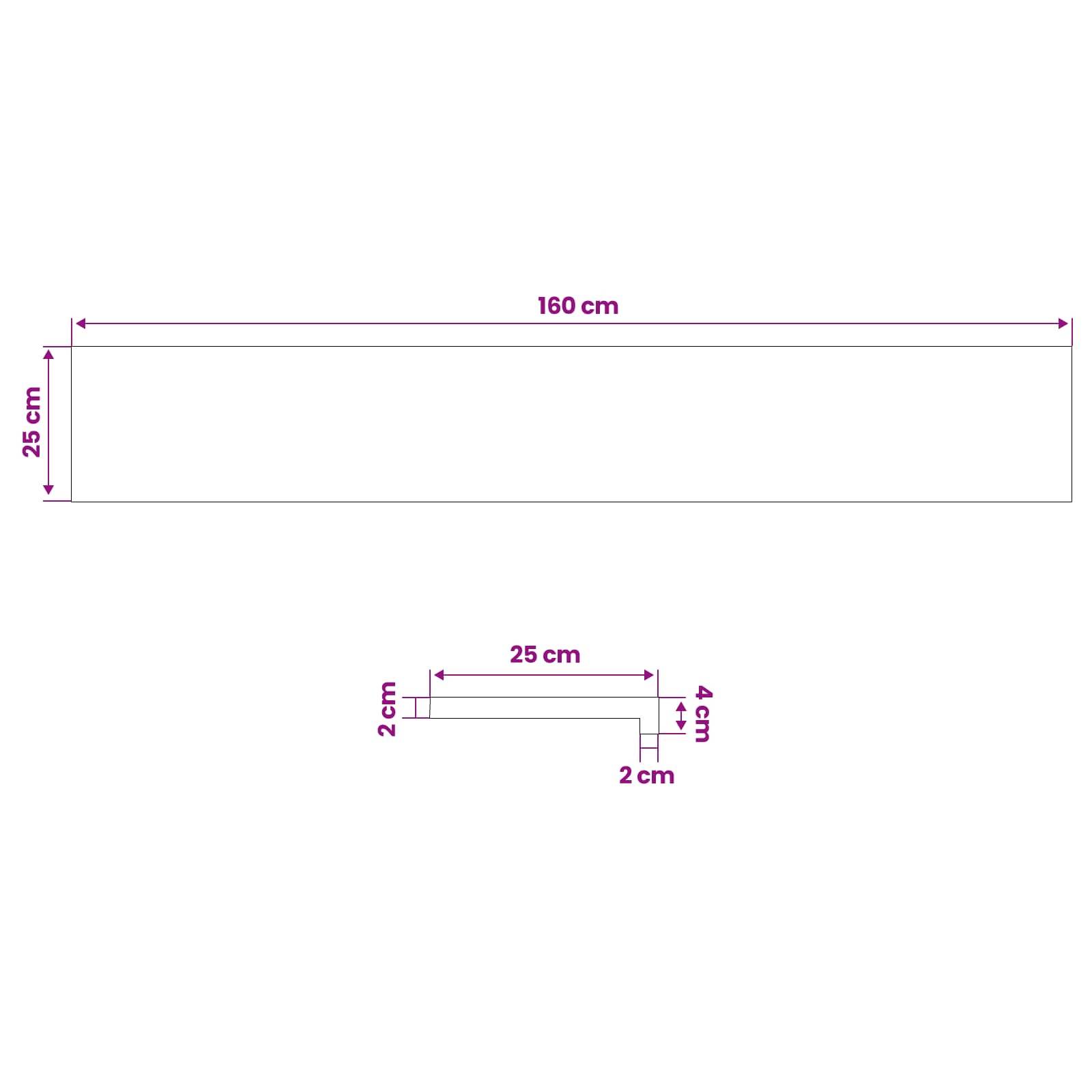 Dimensionszeichnung eines 160 cm × 25 cm Rechtecks, plus ein kleines L-förmiges Profil mit 25 cm Breite und Seitendimensionen von 2 cm und 4 cm.