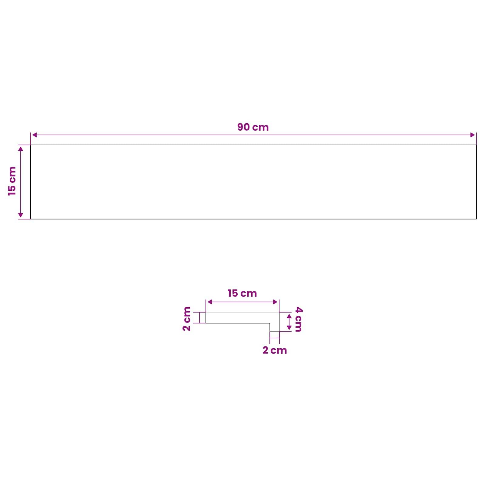 Maßzeichnung eines 90 cm x 15 cm Rechtecks und einer kleineren abgestuften Form mit einer Breite von 15 cm, einer Tiefe von 2 cm und einer Höhe von 4 cm.
