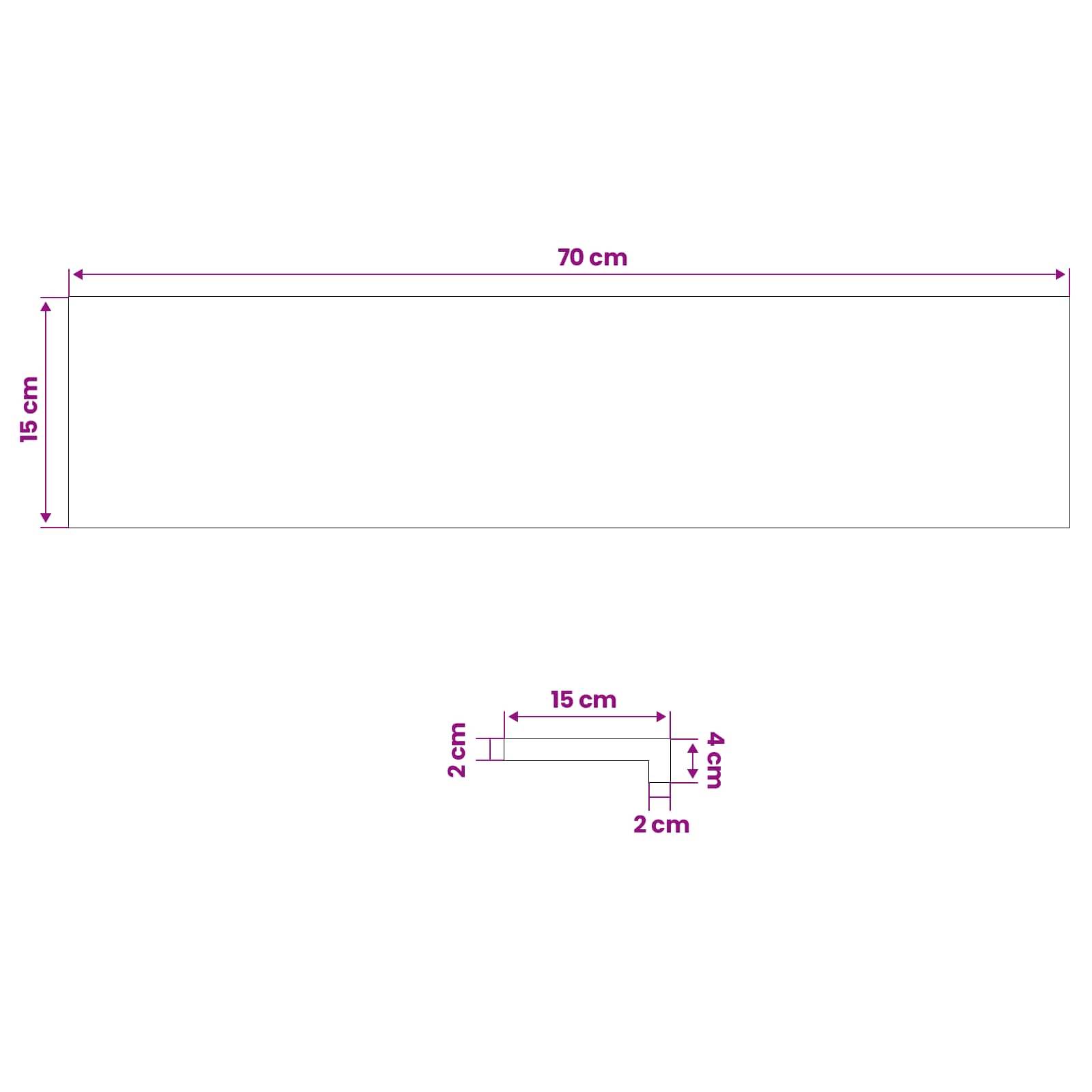 Technisches Abmessungsdiagramm mit einem 70 cm x 15 cm großen Rechteck und einem kleineren L-förmigen Abschnitt mit den Beschriftungen 15 cm, 4 cm und 2 cm.