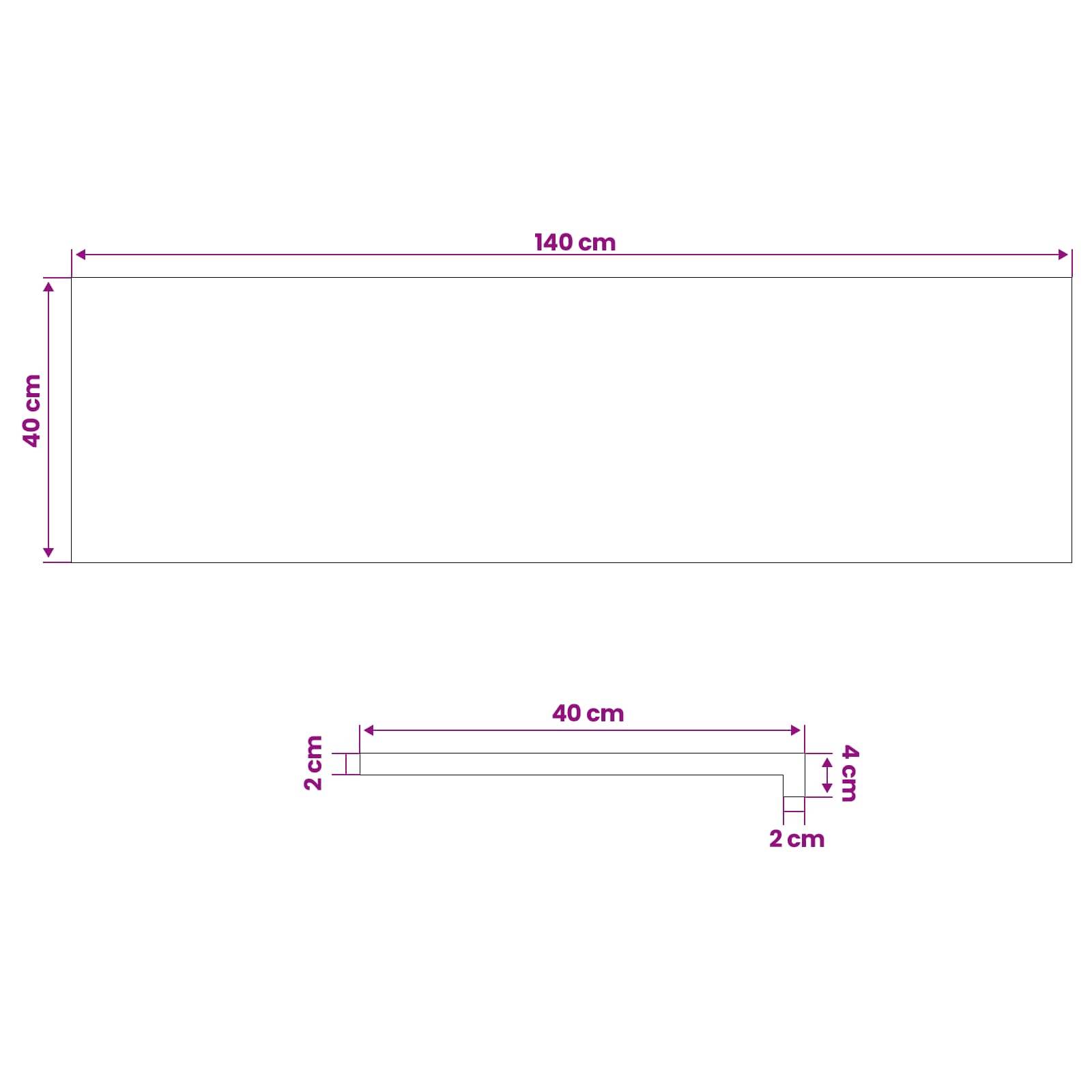 Diagramm, das ein 140 cm × 40 cm großes Rechteck und ein kleineres L-förmiges Profil mit den Abmessungen 40 cm, 4 cm und 2 cm zeigt.