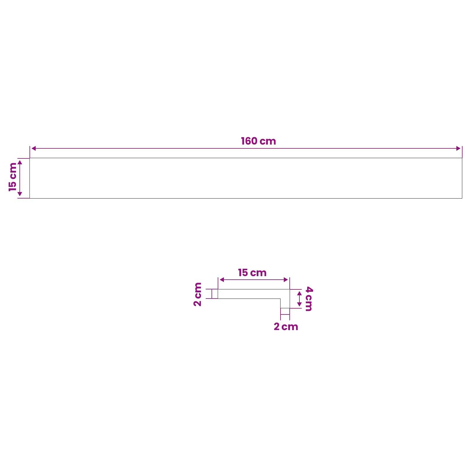 Bemaßte Zeichnung eines langen Rechtecks mit einer Breite von 160 cm und einer Höhe von 15 cm, plus ein kleines L-förmiges Profil mit einer Bezeichnung von 15 cm mal 4 cm, mit 2 cm Dicke und 2 cm Absatz.