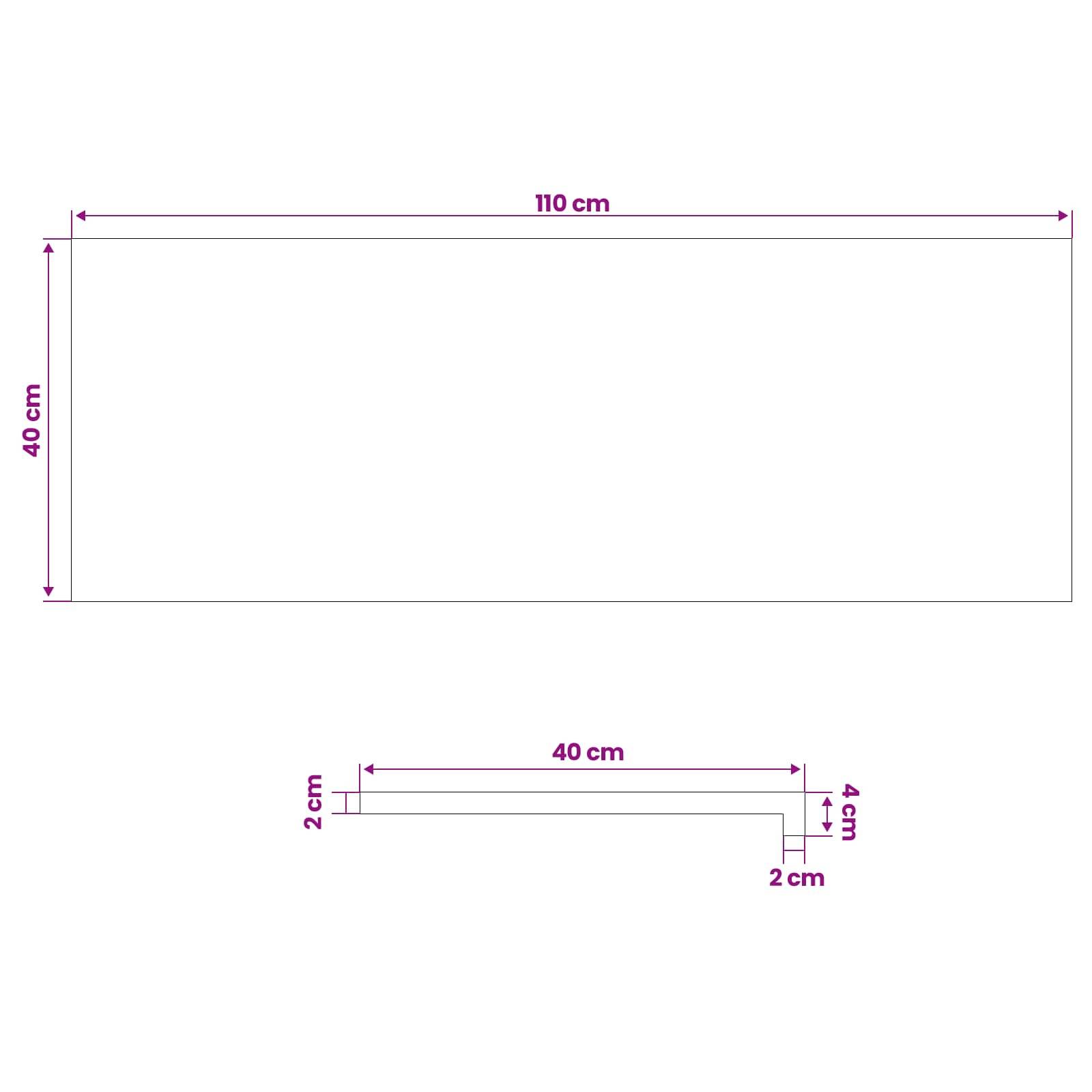 Technisches Diagramm mit zwei rechteckigen Abmessungen: Ein großes Rechteck von 110 cm x 40 cm und ein kleineres L-förmiges Stück mit den Abmessungen 40 cm, 4 cm und 2 cm.