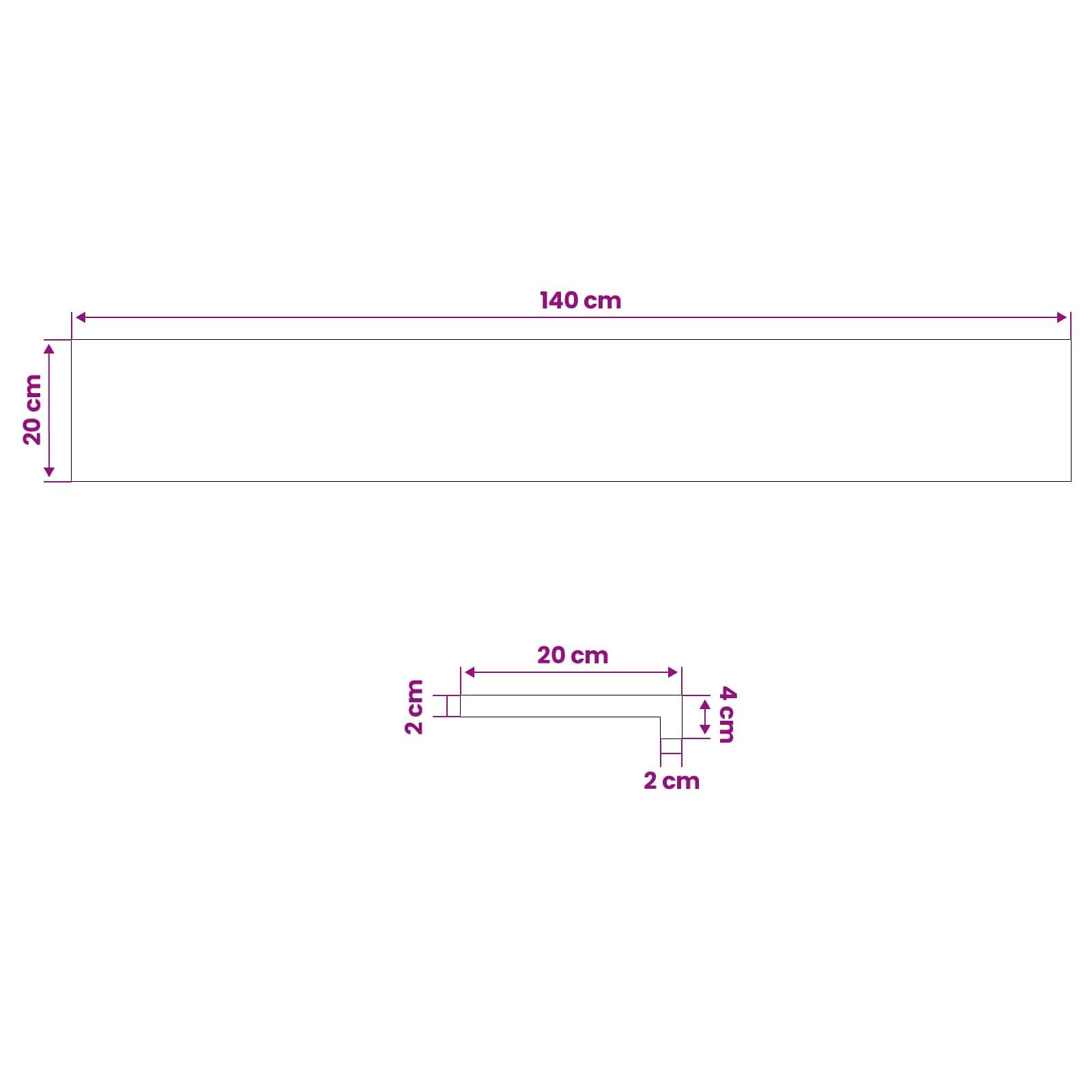 Diagramm, das oben ein großes 140 cm mal 20 cm großes Rechteck und unten eine kleinere L-förmige Kontur zeigt, beschriftet mit 20 cm Breite, 4 cm Höhe, mit 2 cm Seiten- und Bodendicke.