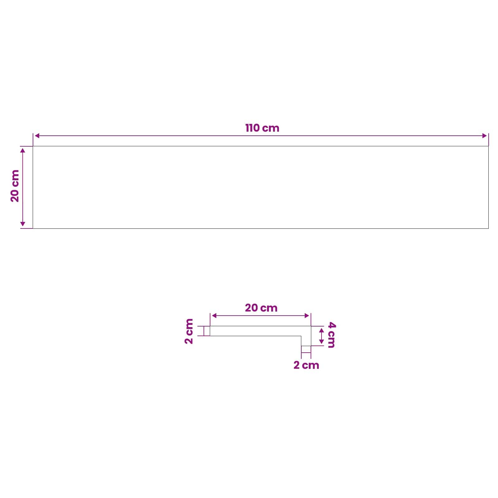 Diagramm, das ein 110 cm mal 20 cm großes Rechteck über einem 20 cm mal 4 cm großen L-förmigen Teil mit 2 cm Segmenten zeigt, das Abmessungen zum Schneiden oder Zusammenbauen veranschaulicht.