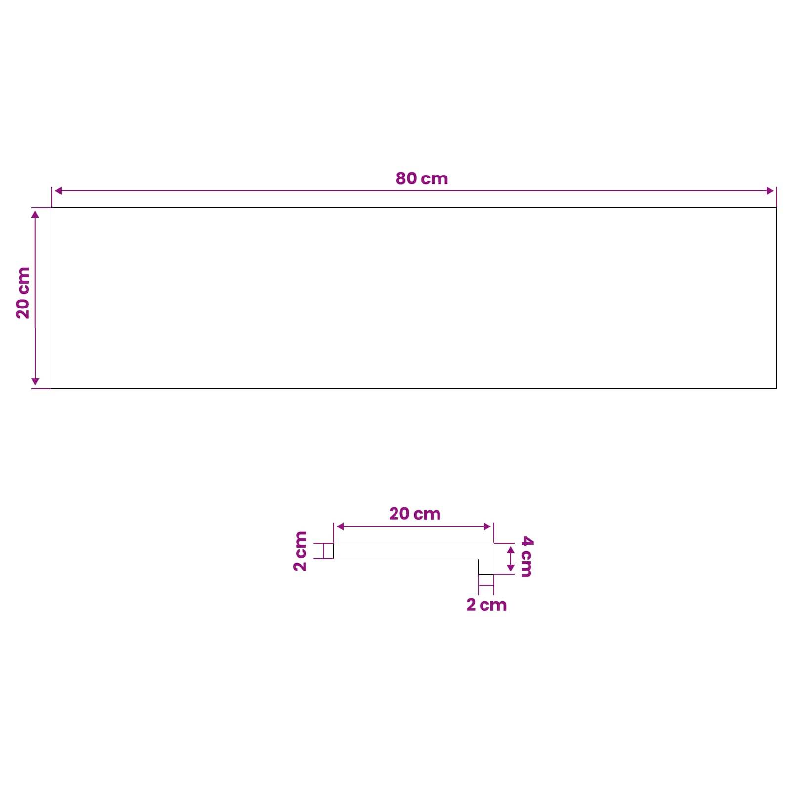 Abmessungsdiagramm eines großen Rechtecks mit den Maßen 80 cm x 20 cm über einem kleinen L-förmigen Stück mit den Maßen 20 cm, 4 cm und 2 cm.