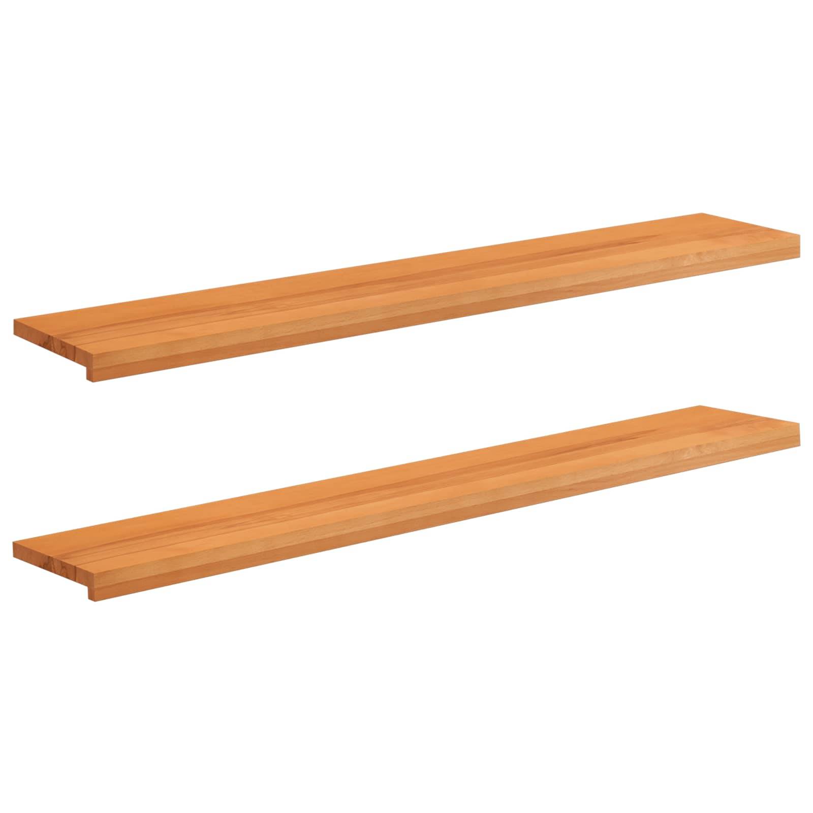 Zwei lange Holzregale, separat auf weißem Hintergrund dargestellt.