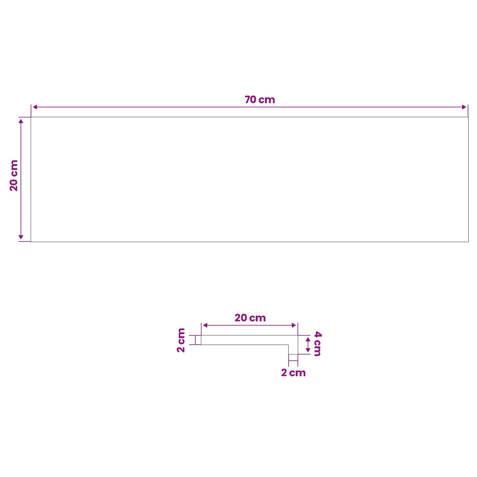 Dimensionszeichnung mit einem 70 cm × 20 cm Rechteck und einer kleineren L-förmigen Halterung mit 20 cm Breite und Seitendimensionen von 2 cm und 4 cm.