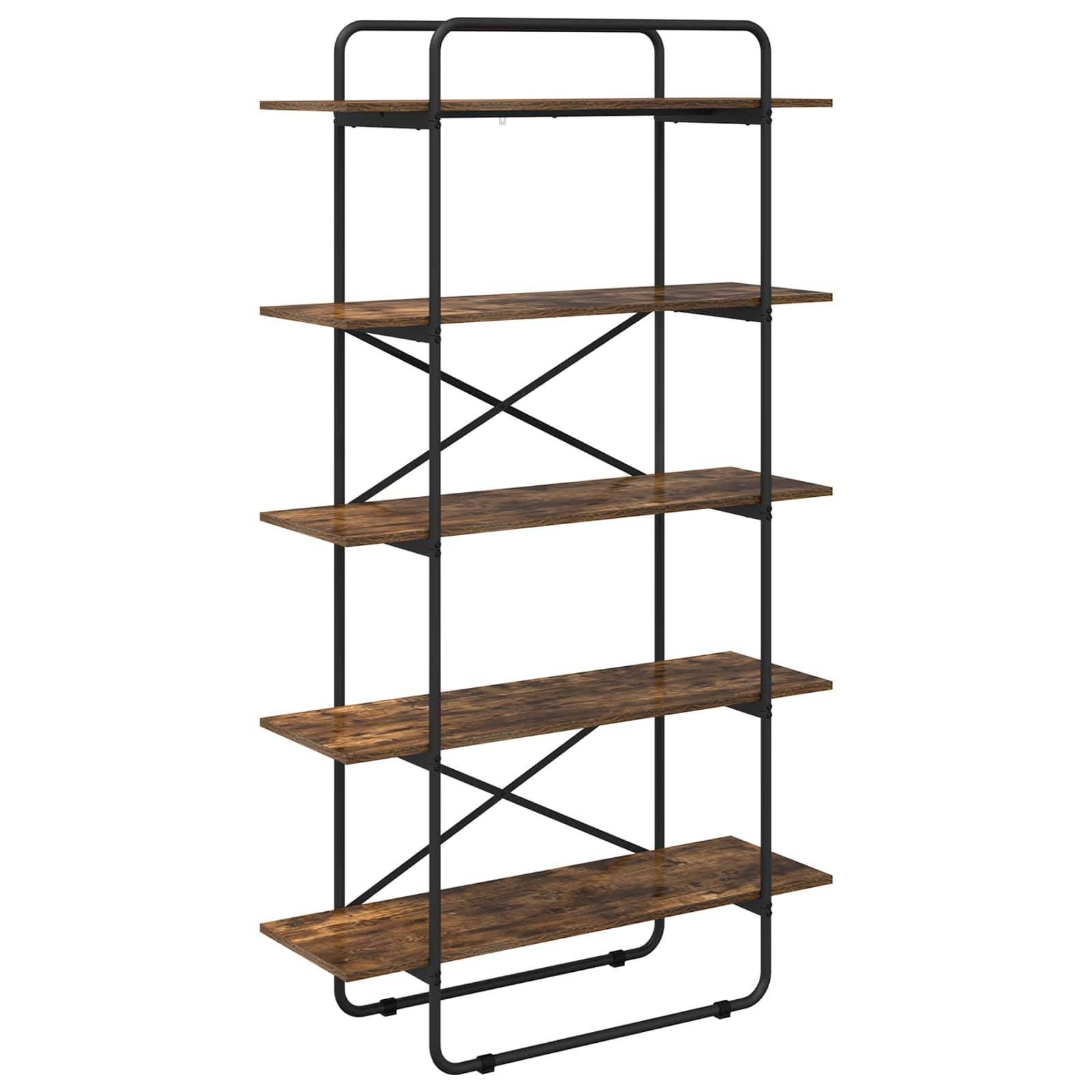 Hohles Industrie-Regal mit fünf Holzregalen und schwarzem Metallrahmen auf weißem Hintergrund.